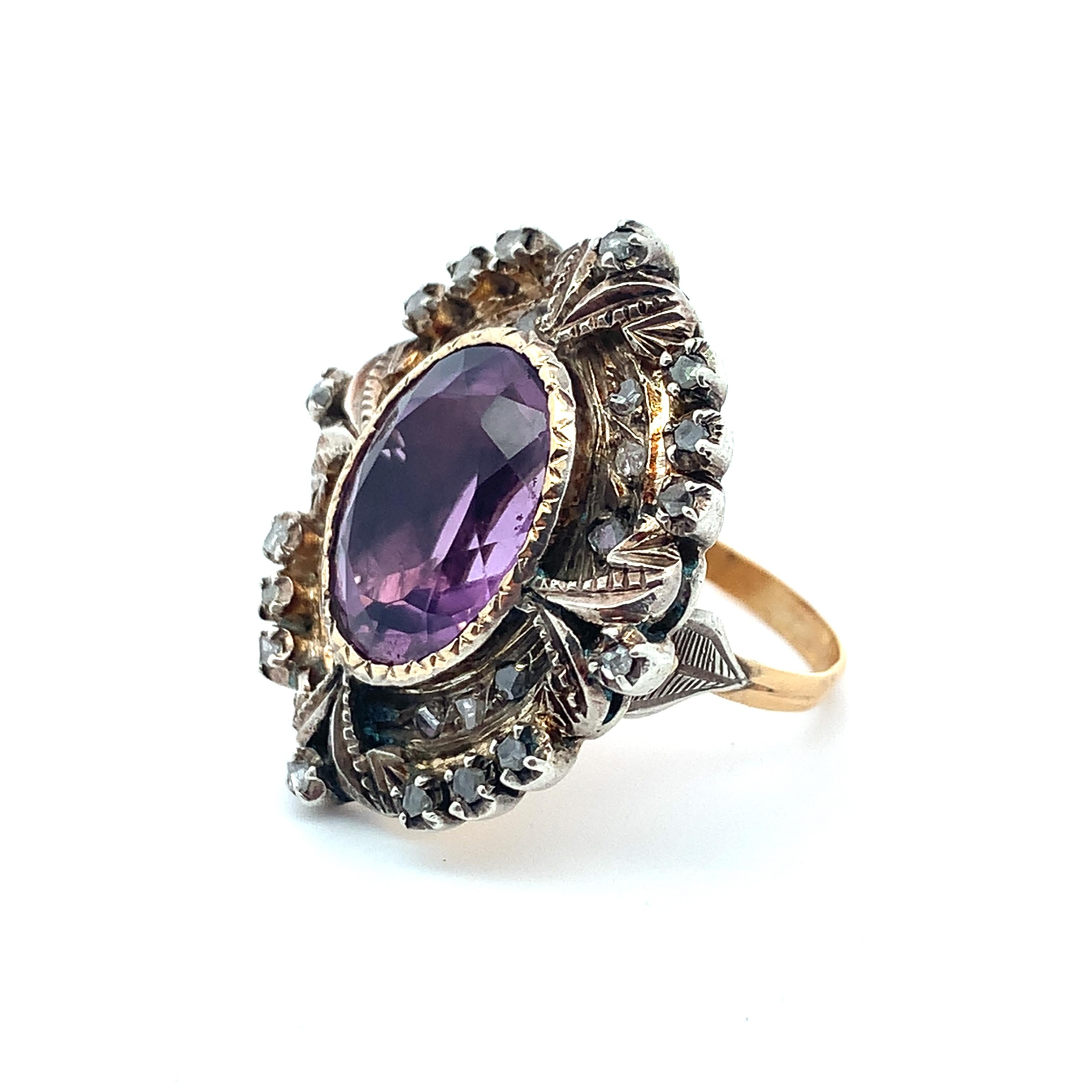 Antique Victorian 14K Gold & Silver Amethyst & Diamond Milgrain Cocktail Ring