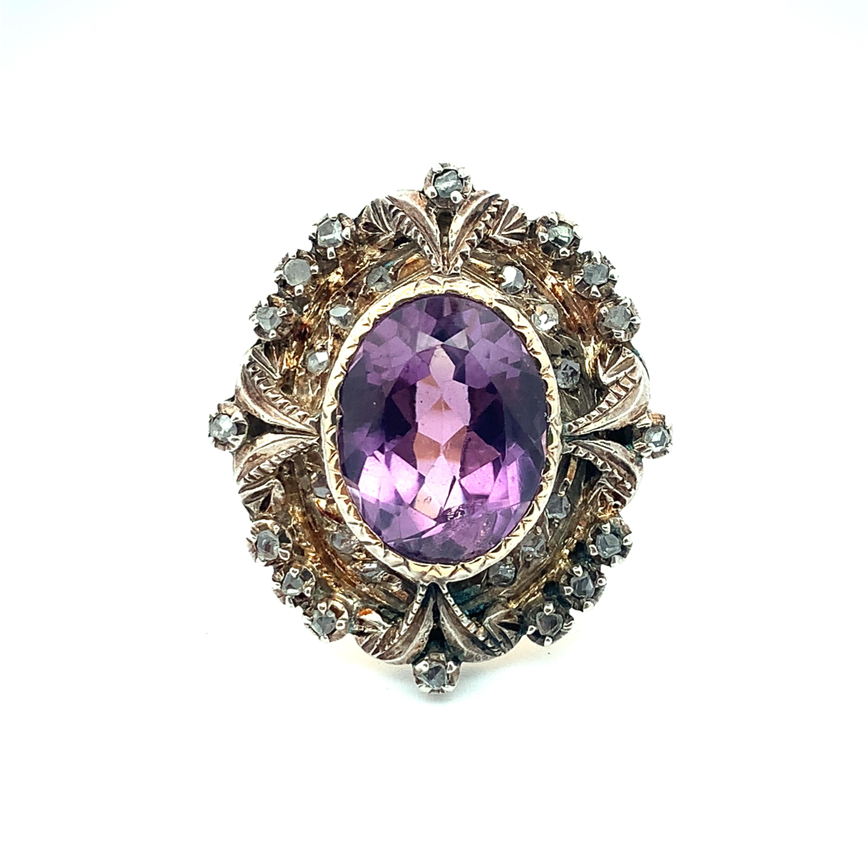 Antique Victorian 14K Gold & Silver Amethyst & Diamond Milgrain Cocktail Ring