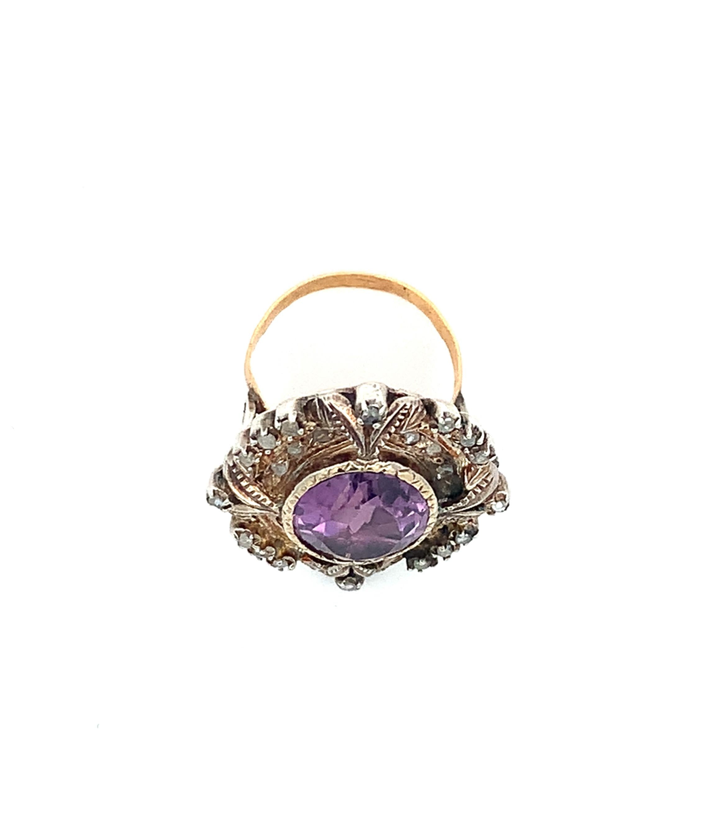 Antique Victorian 14K Gold & Silver Amethyst & Diamond Milgrain Cocktail Ring
