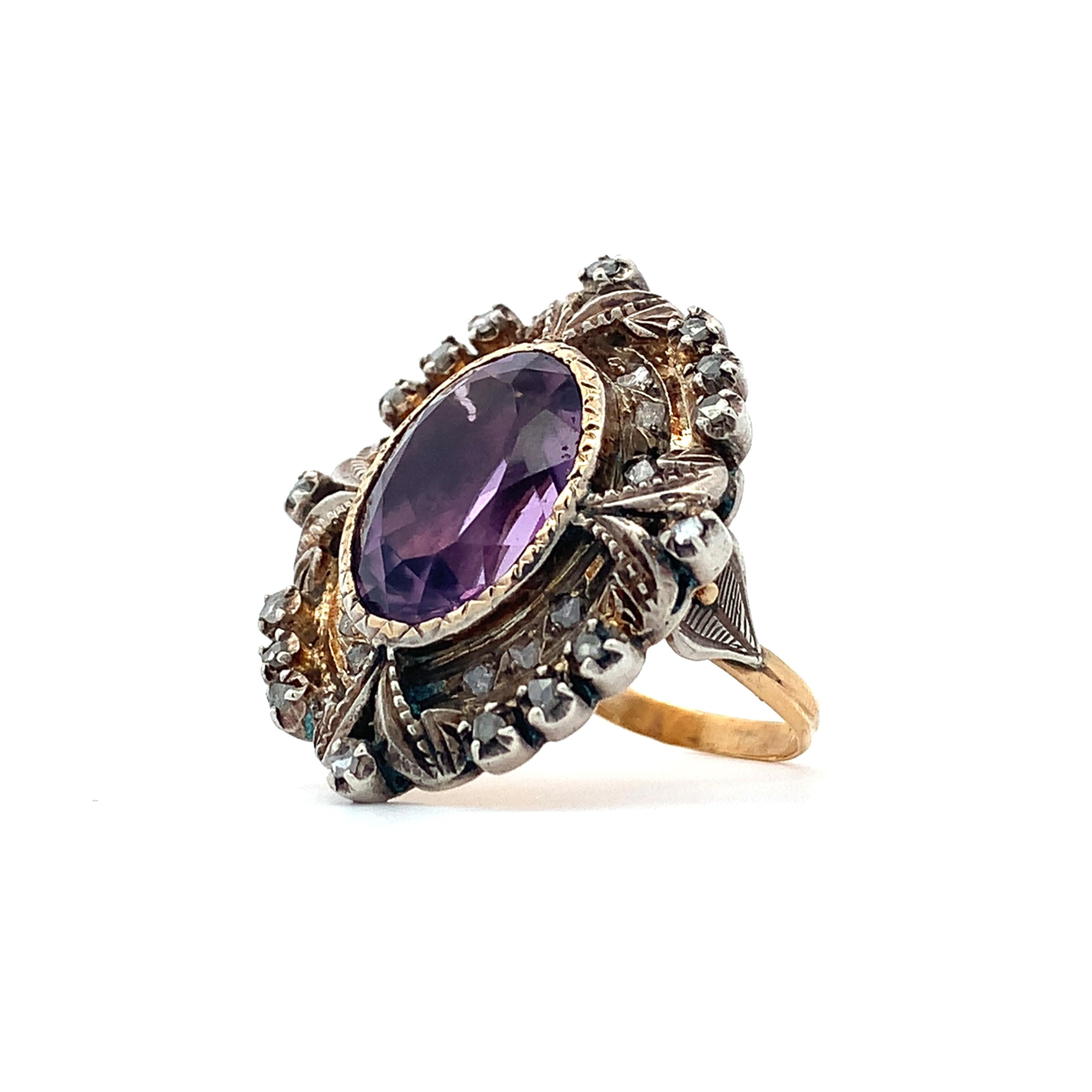 Antique Victorian 14K Gold & Silver Amethyst & Diamond Milgrain Cocktail Ring