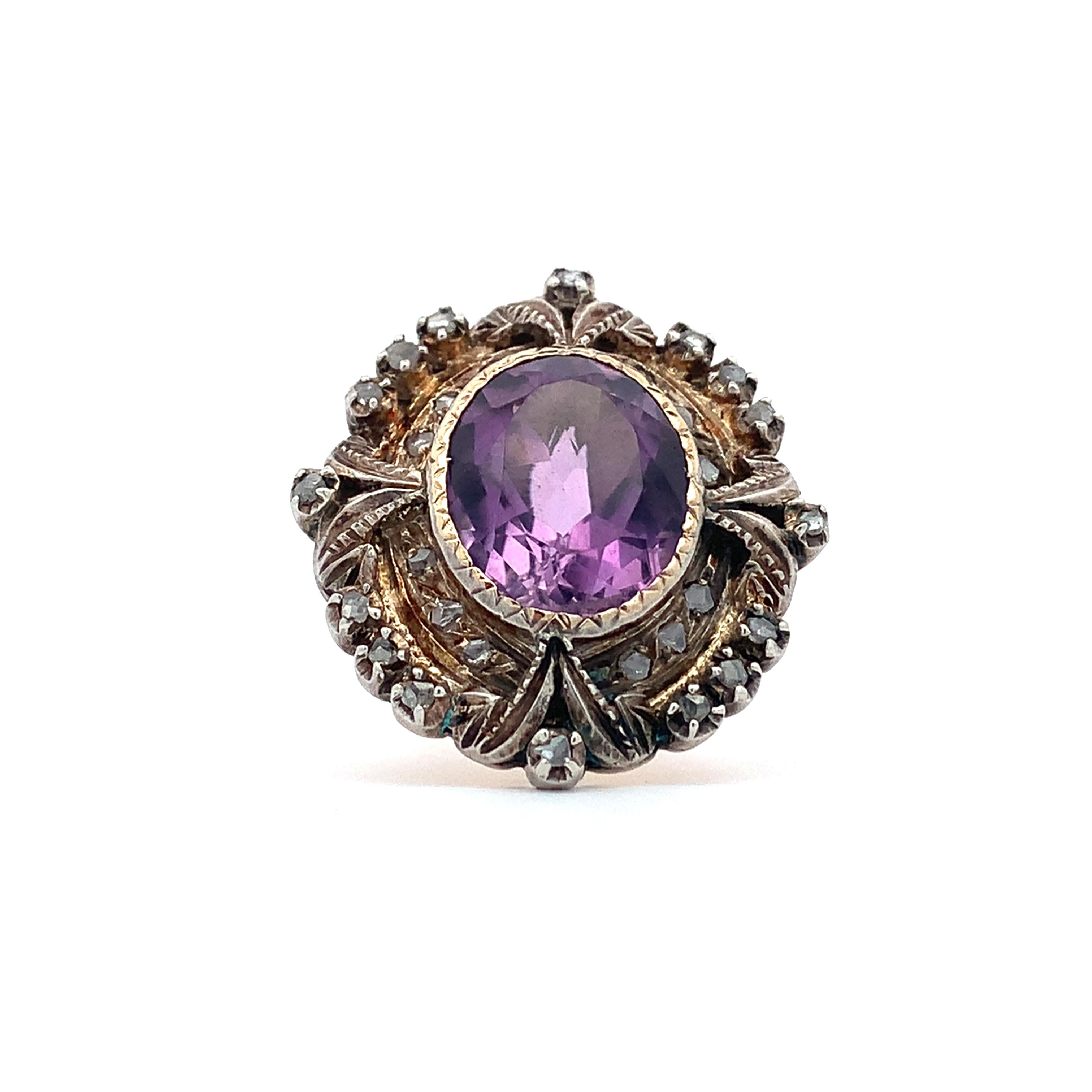 Antique Victorian 14K Gold & Silver Amethyst & Diamond Milgrain Cocktail Ring