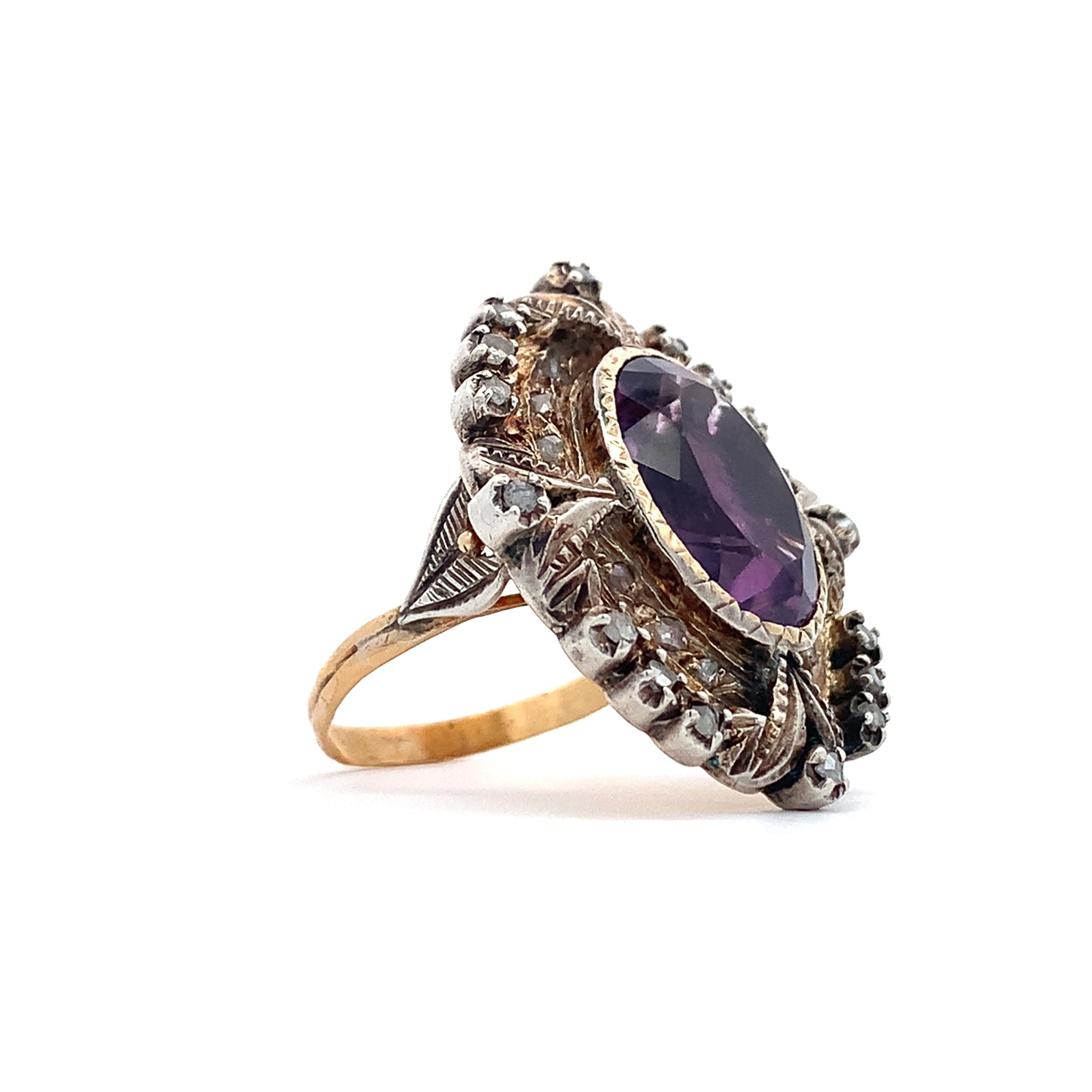 Antique Victorian 14K Gold & Silver Amethyst & Diamond Milgrain Cocktail Ring