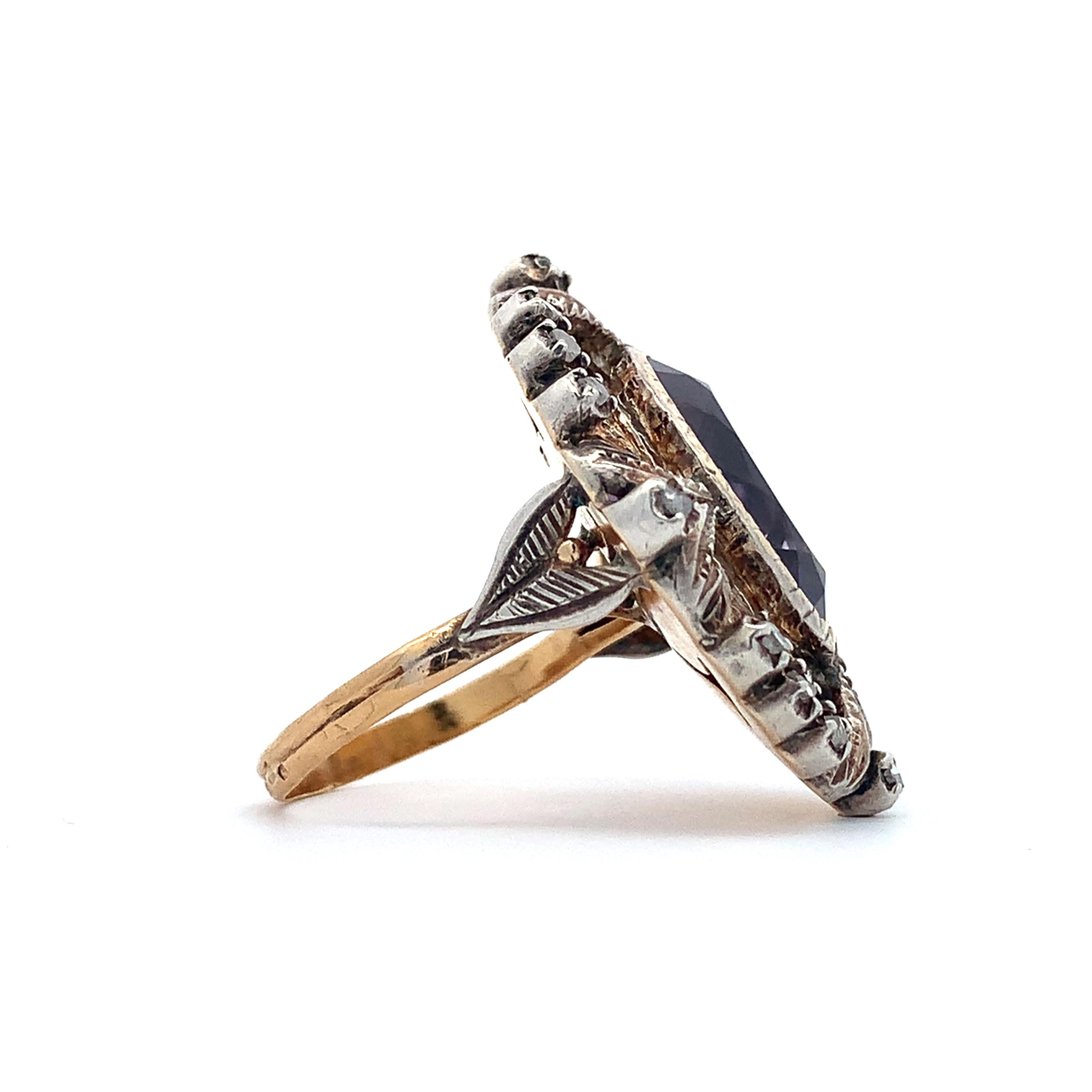 Antique Victorian 14K Gold & Silver Amethyst & Diamond Milgrain Cocktail Ring
