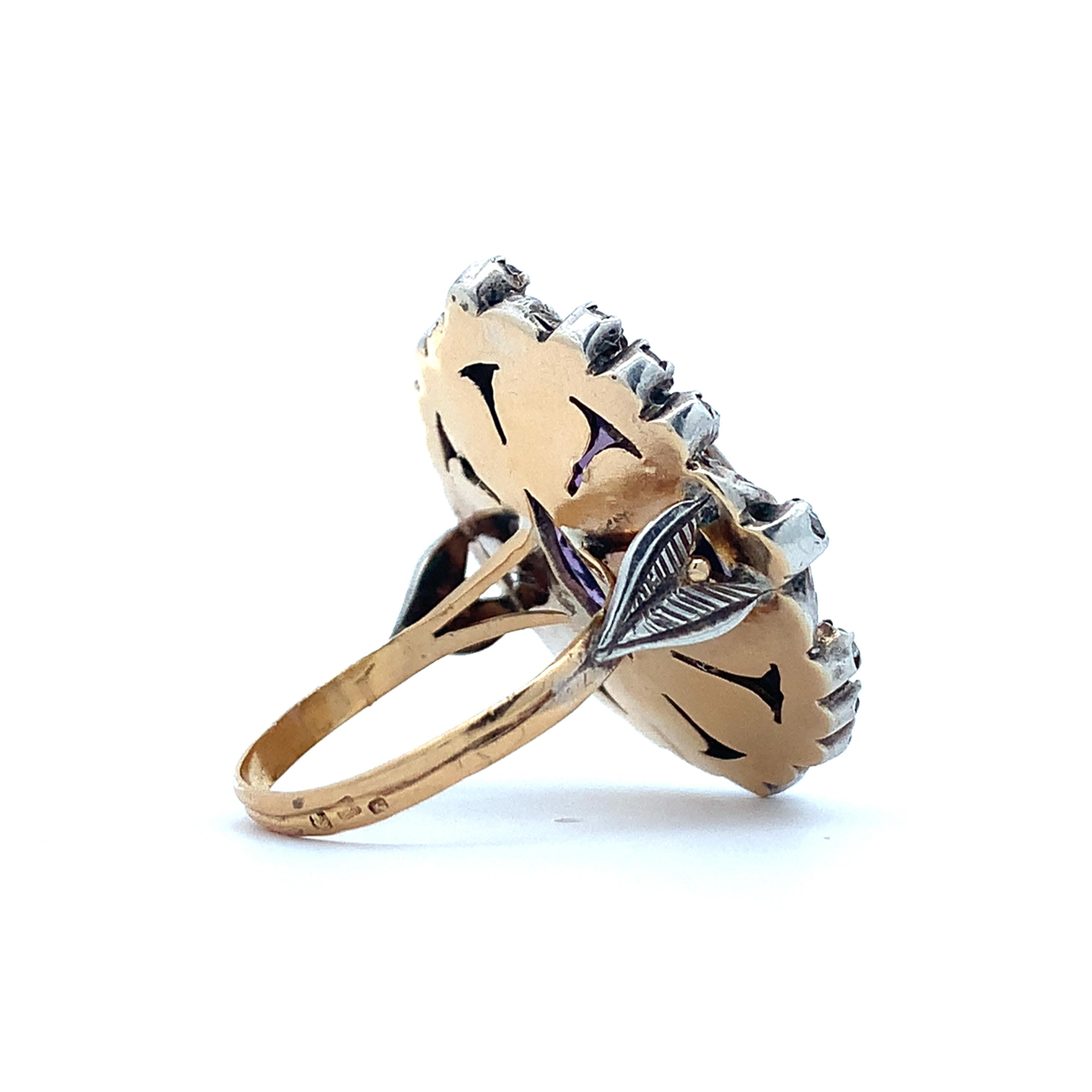 Antique Victorian 14K Gold & Silver Amethyst & Diamond Milgrain Cocktail Ring