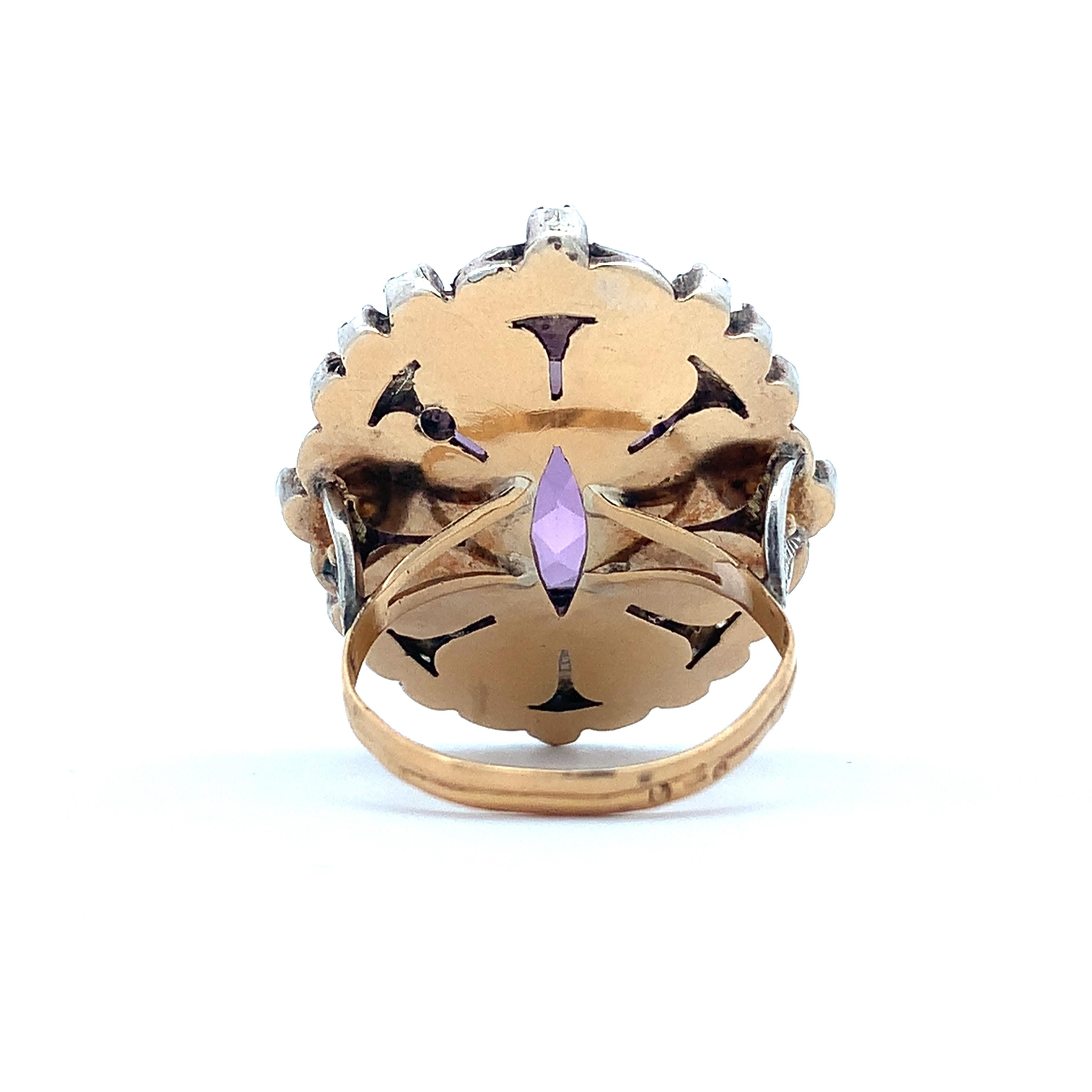 Antique Victorian 14K Gold & Silver Amethyst & Diamond Milgrain Cocktail Ring