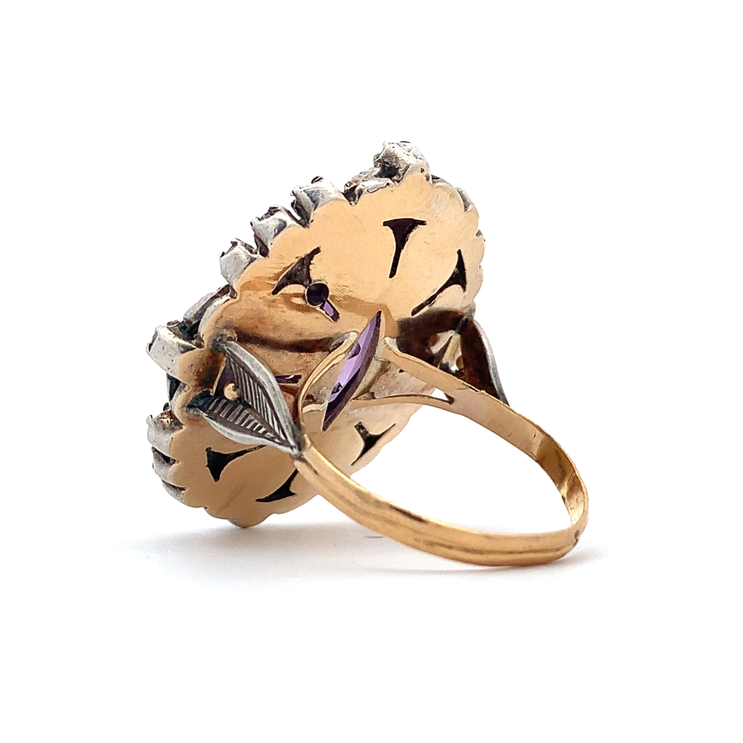Antique Victorian 14K Gold & Silver Amethyst & Diamond Milgrain Cocktail Ring