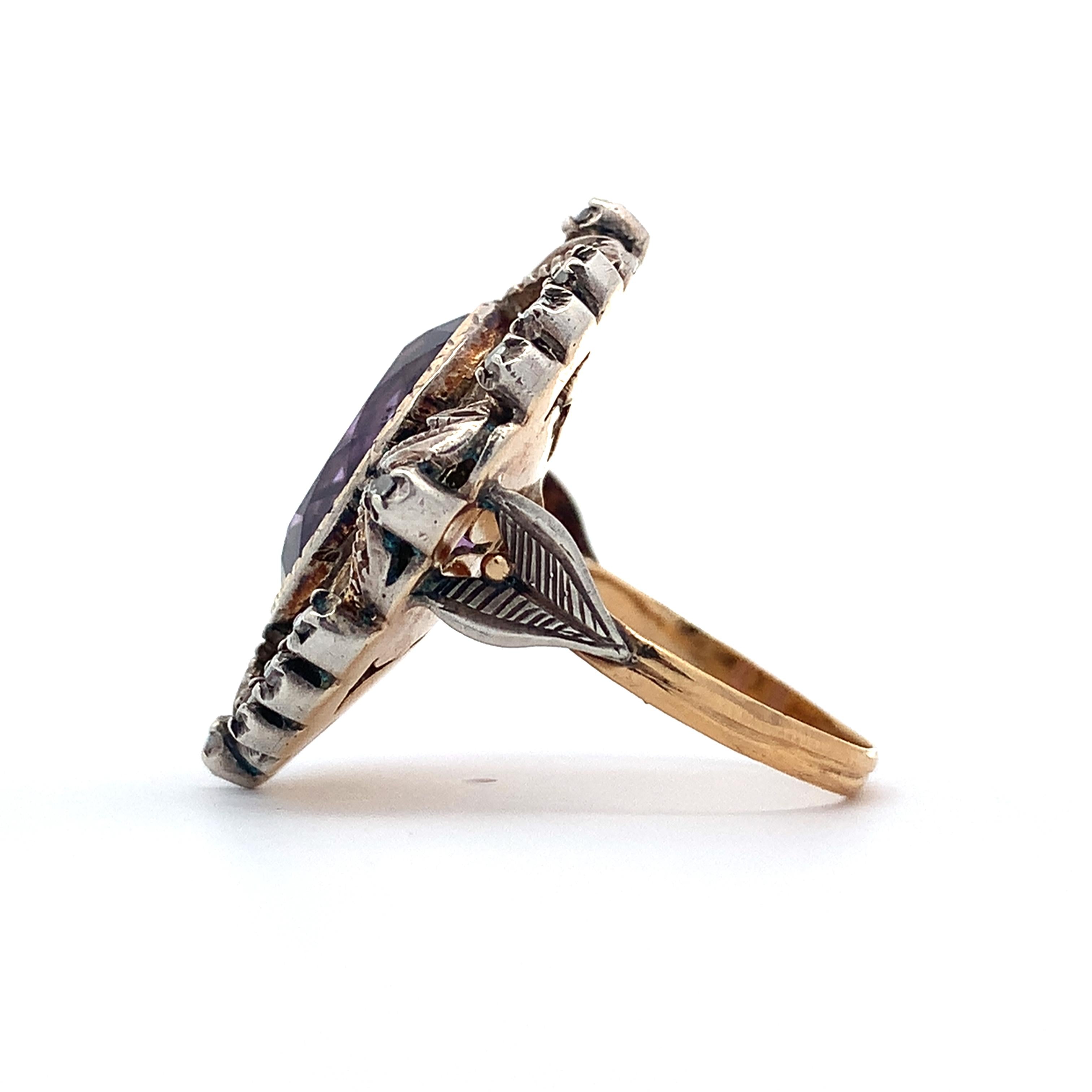Antique Victorian 14K Gold & Silver Amethyst & Diamond Milgrain Cocktail Ring