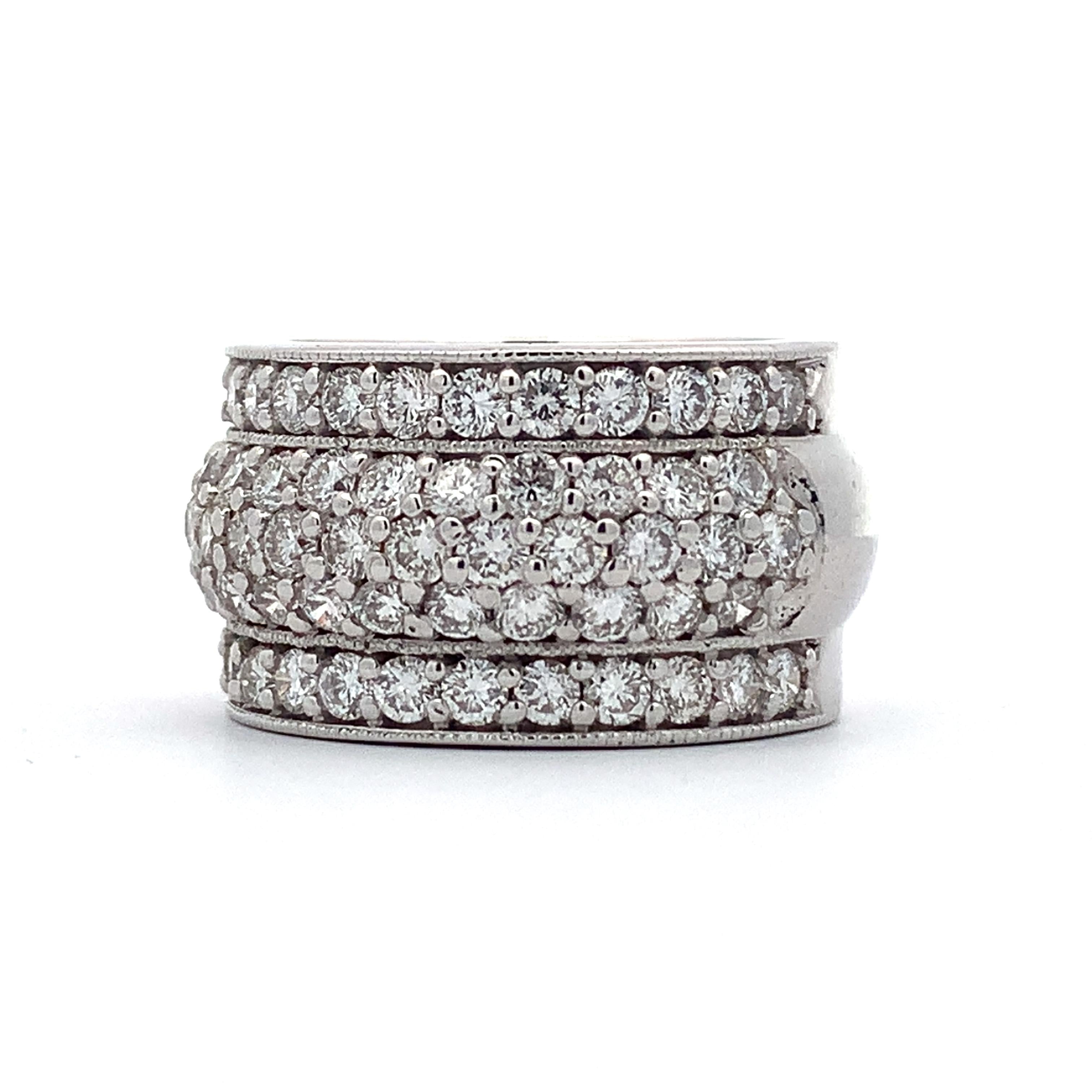 18K White Gold 2.5CTTW Round Diamond Wide Dome Carved Edge Cocktail Band Ring
