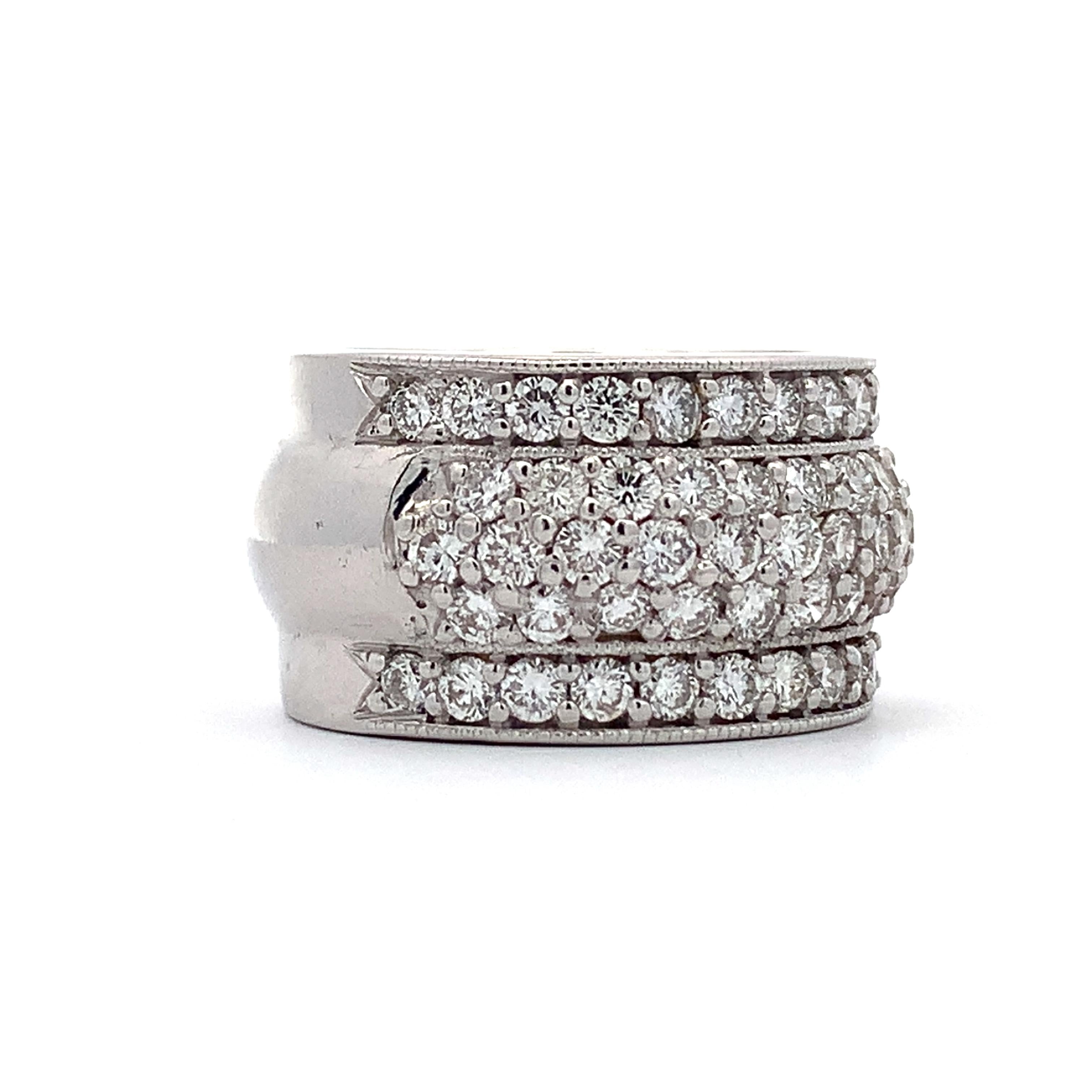 18K White Gold 2.5CTTW Round Diamond Wide Dome Carved Edge Cocktail Band Ring