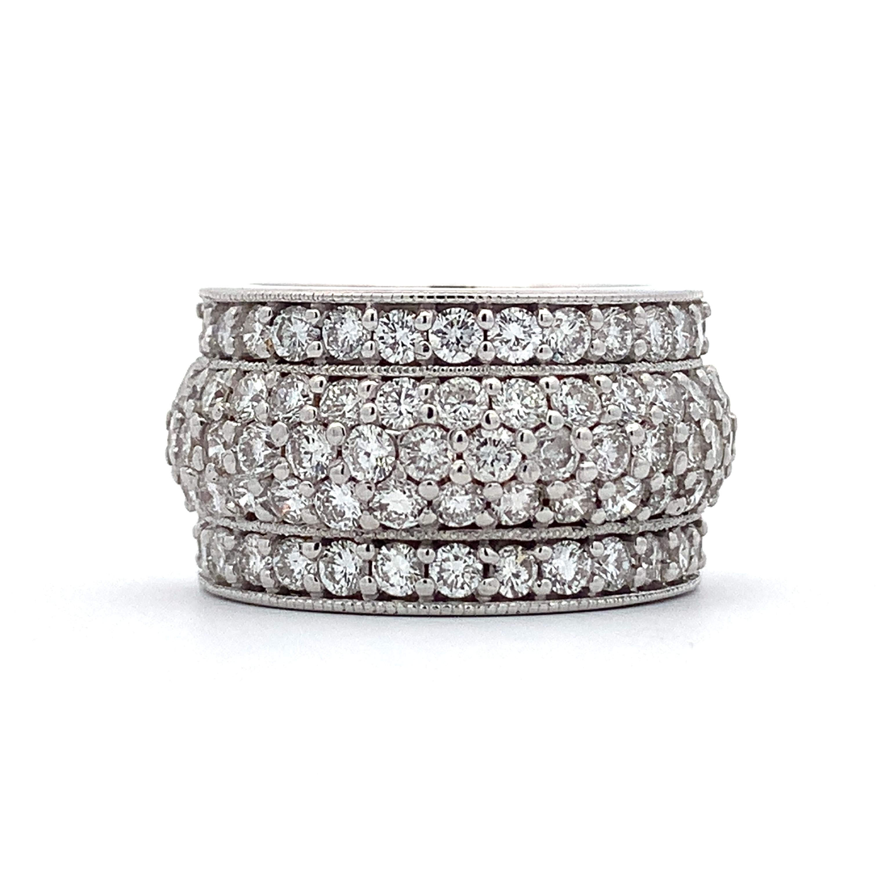 18K White Gold 2.5CTTW Round Diamond Wide Dome Carved Edge Cocktail Band Ring