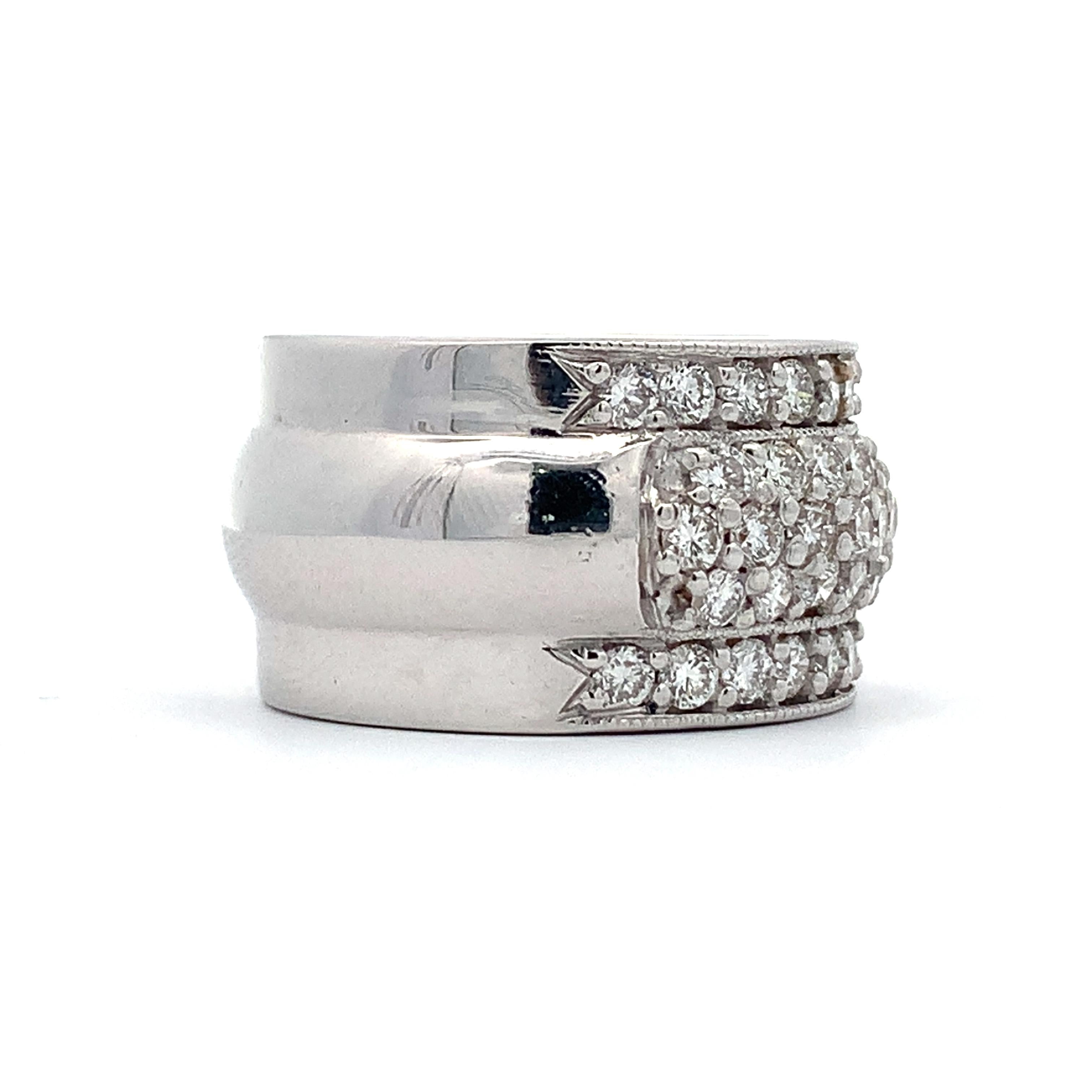 18K White Gold 2.5CTTW Round Diamond Wide Dome Carved Edge Cocktail Band Ring