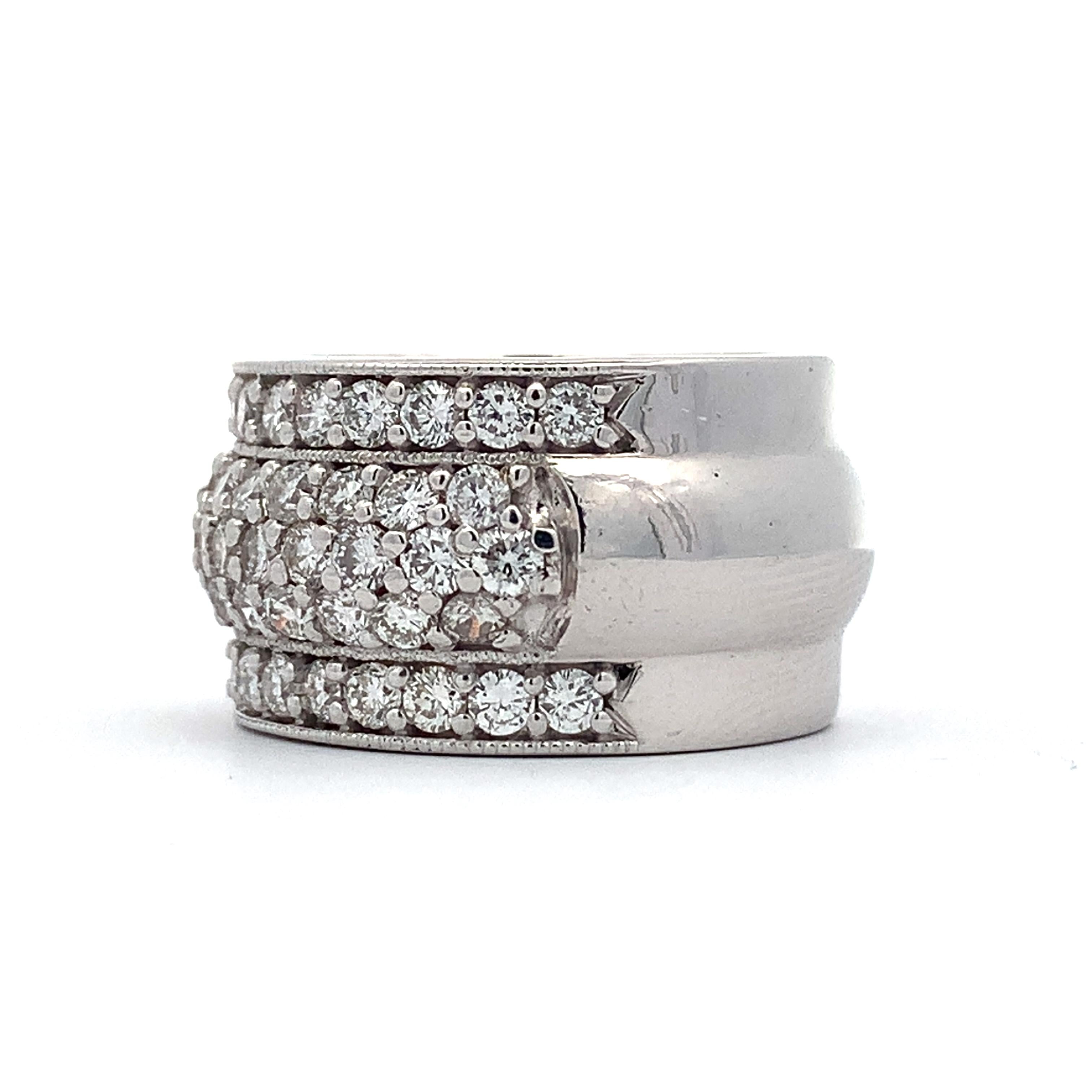 18K White Gold 2.5CTTW Round Diamond Wide Dome Carved Edge Cocktail Band Ring