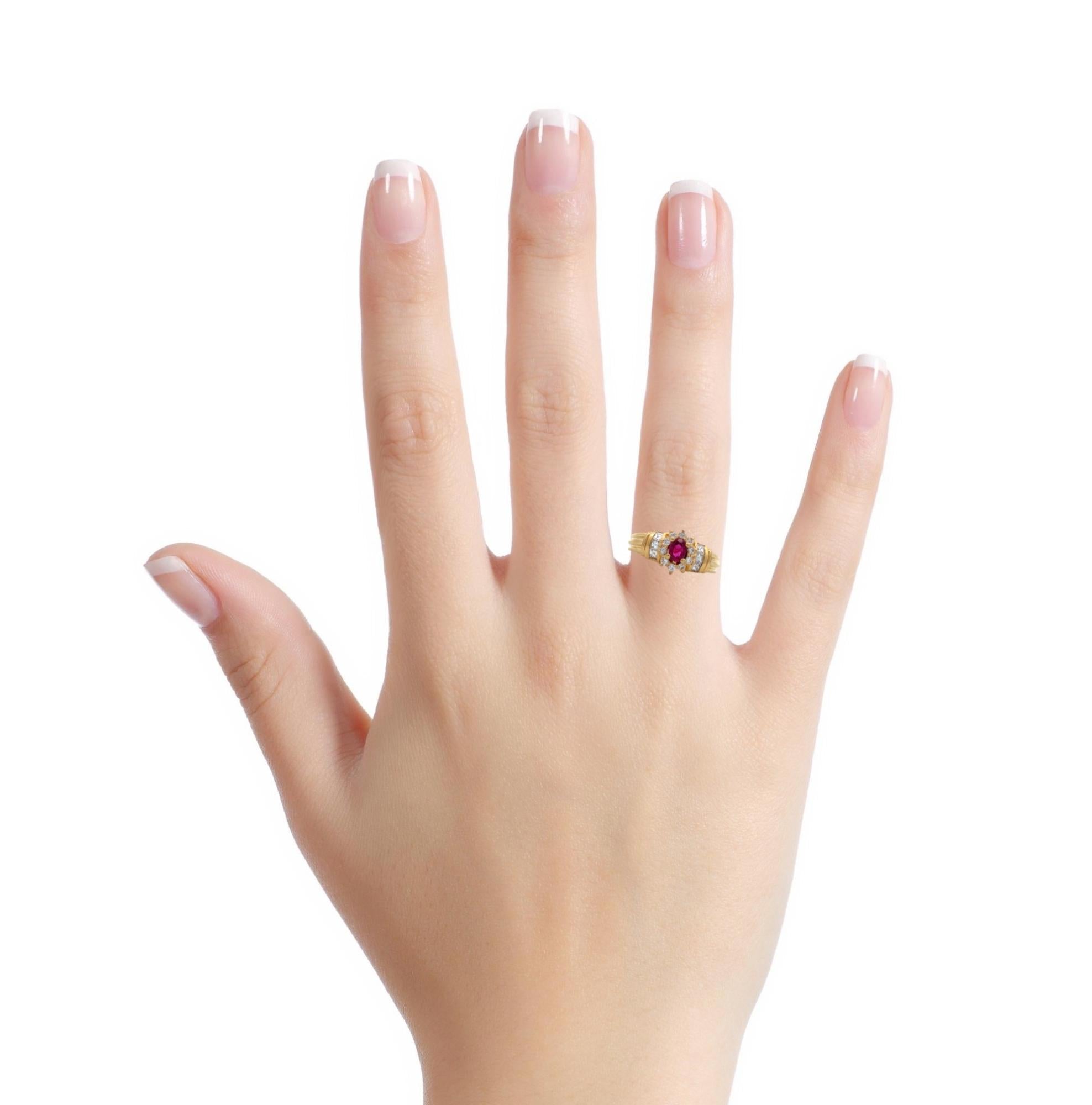 Vintage 18K Gold Oval Ruby With Round & Princess Diamond Halo Ribbed Shanks Ring