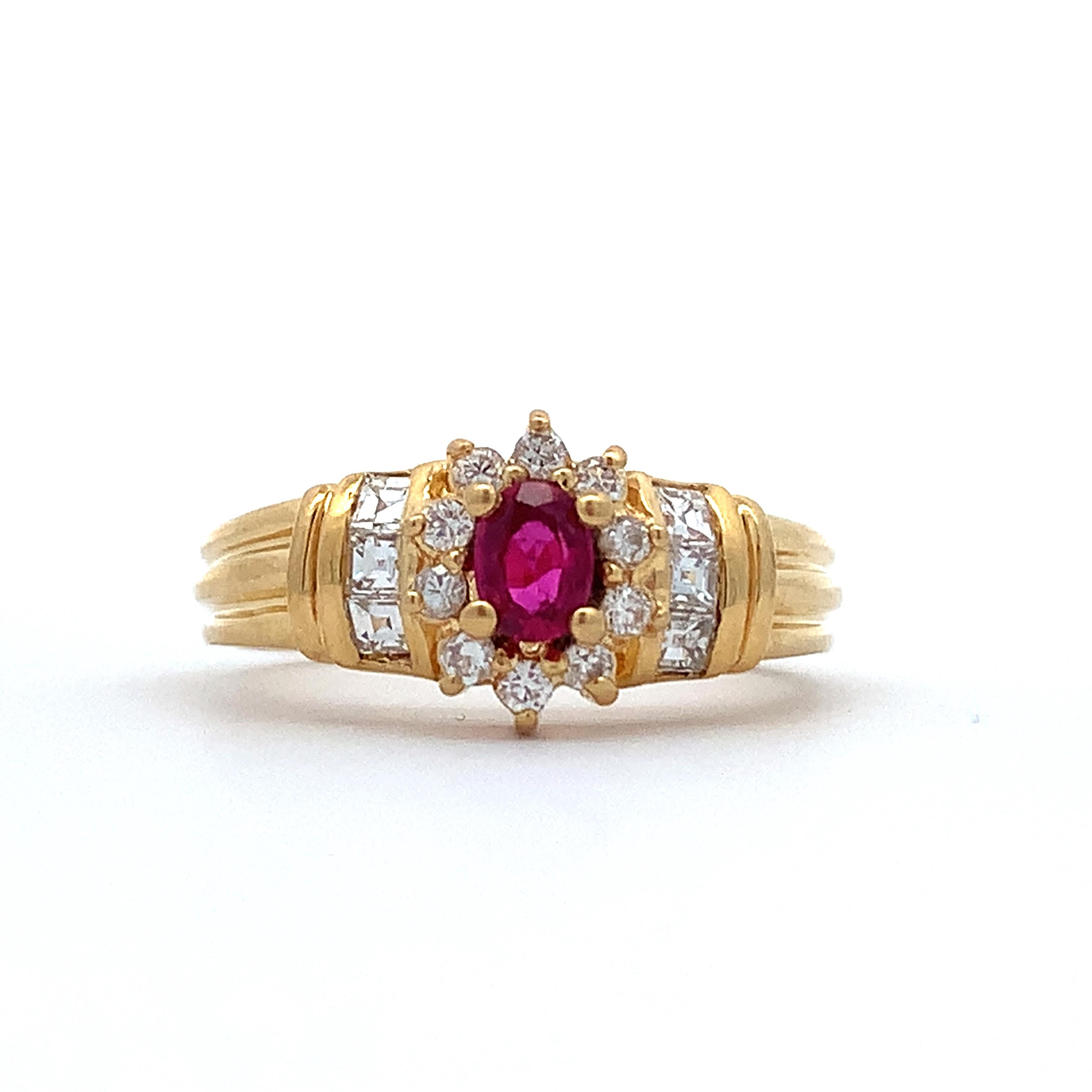 Vintage 18K Gold Oval Ruby With Round & Princess Diamond Halo Ribbed Shanks Ring