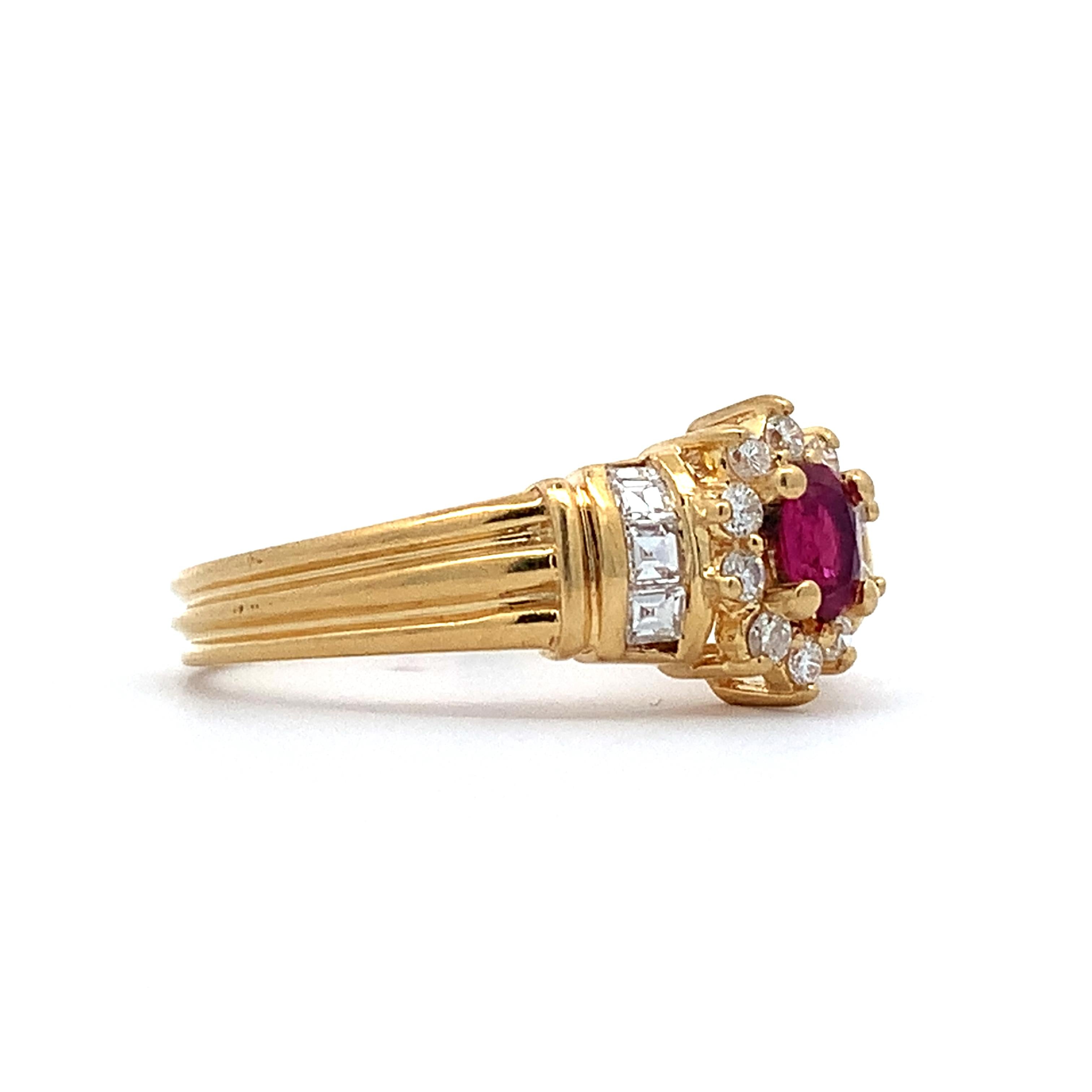 Vintage 18K Gold Oval Ruby With Round & Princess Diamond Halo Ribbed Shanks Ring