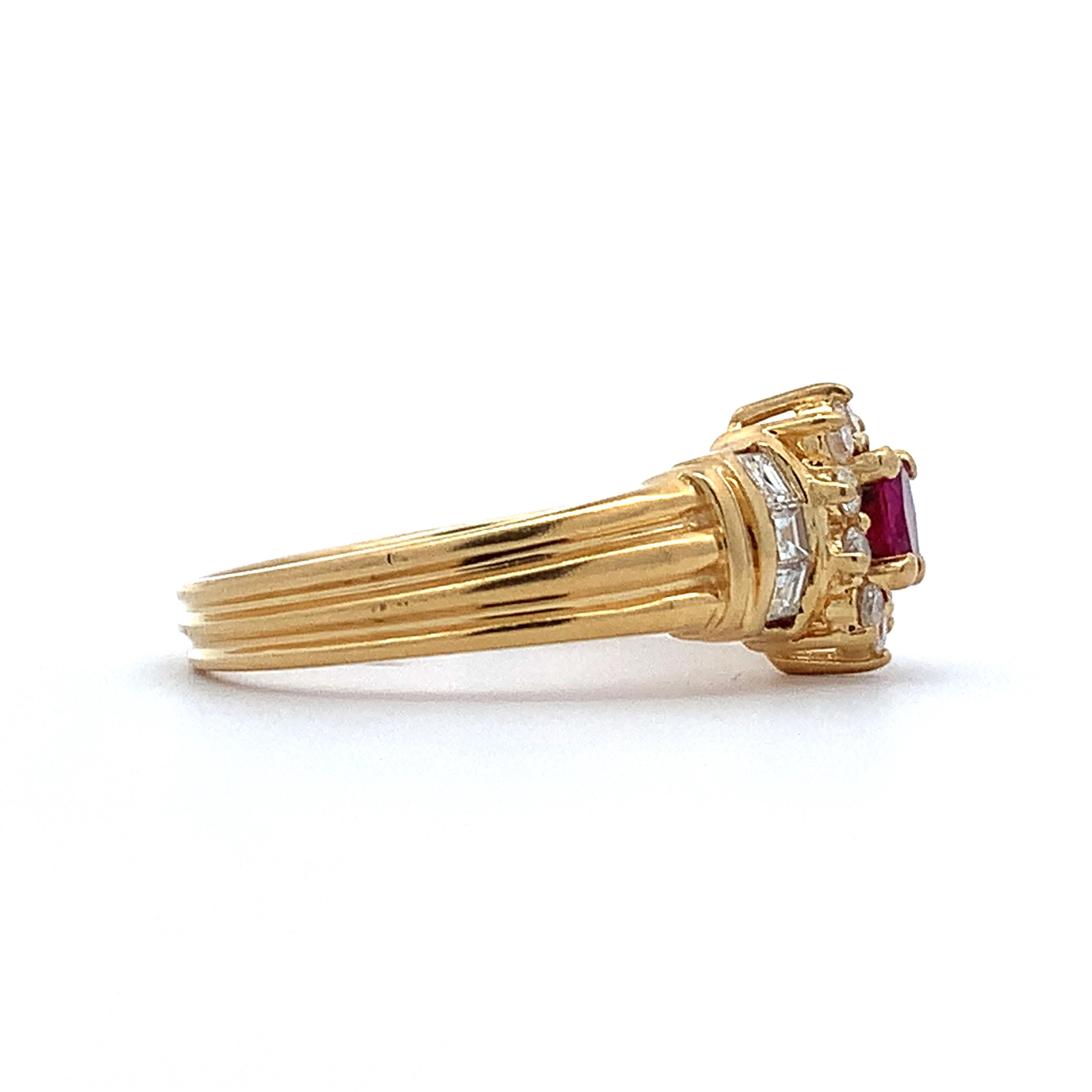 Vintage 18K Gold Oval Ruby With Round & Princess Diamond Halo Ribbed Shanks Ring