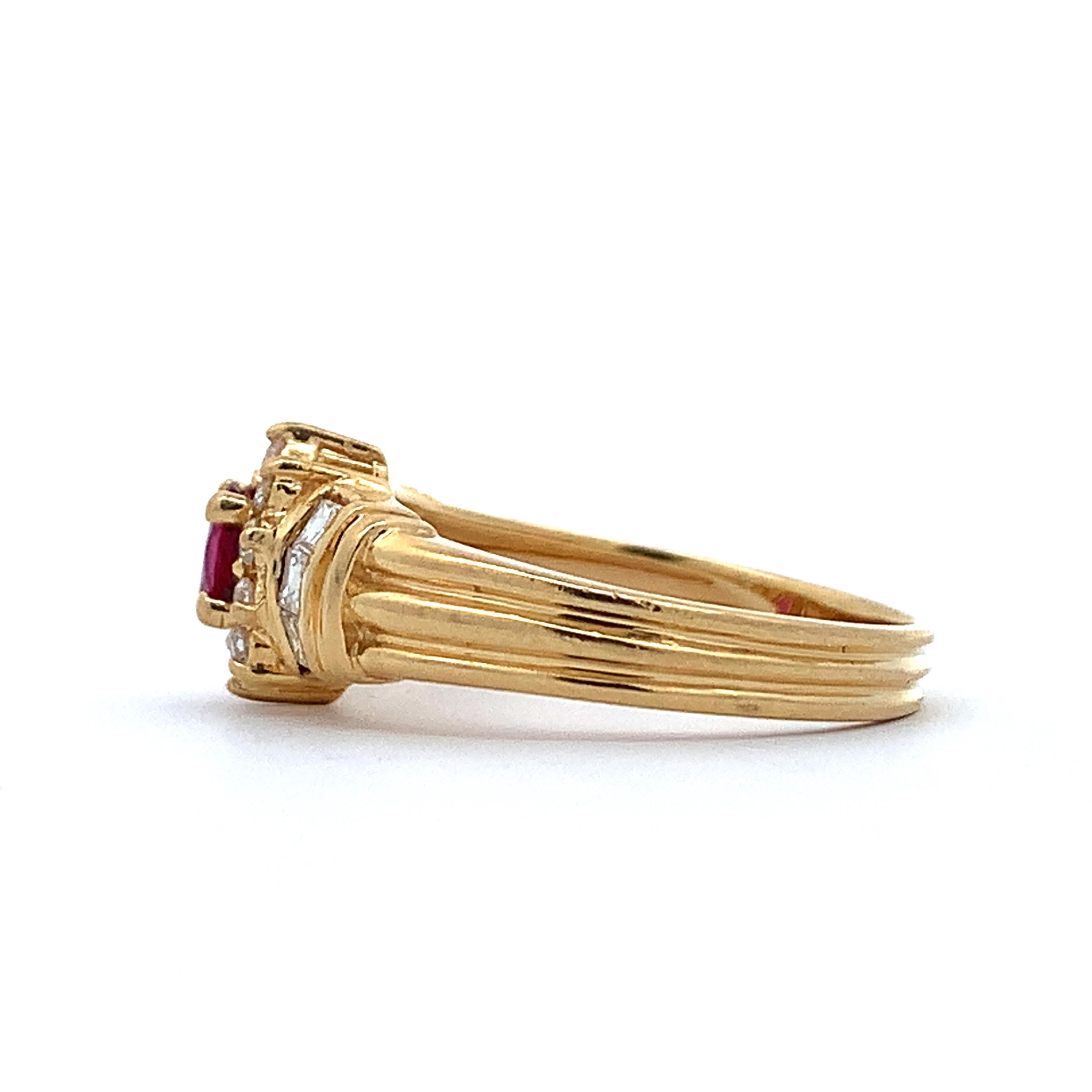 Vintage 18K Gold Oval Ruby With Round & Princess Diamond Halo Ribbed Shanks Ring