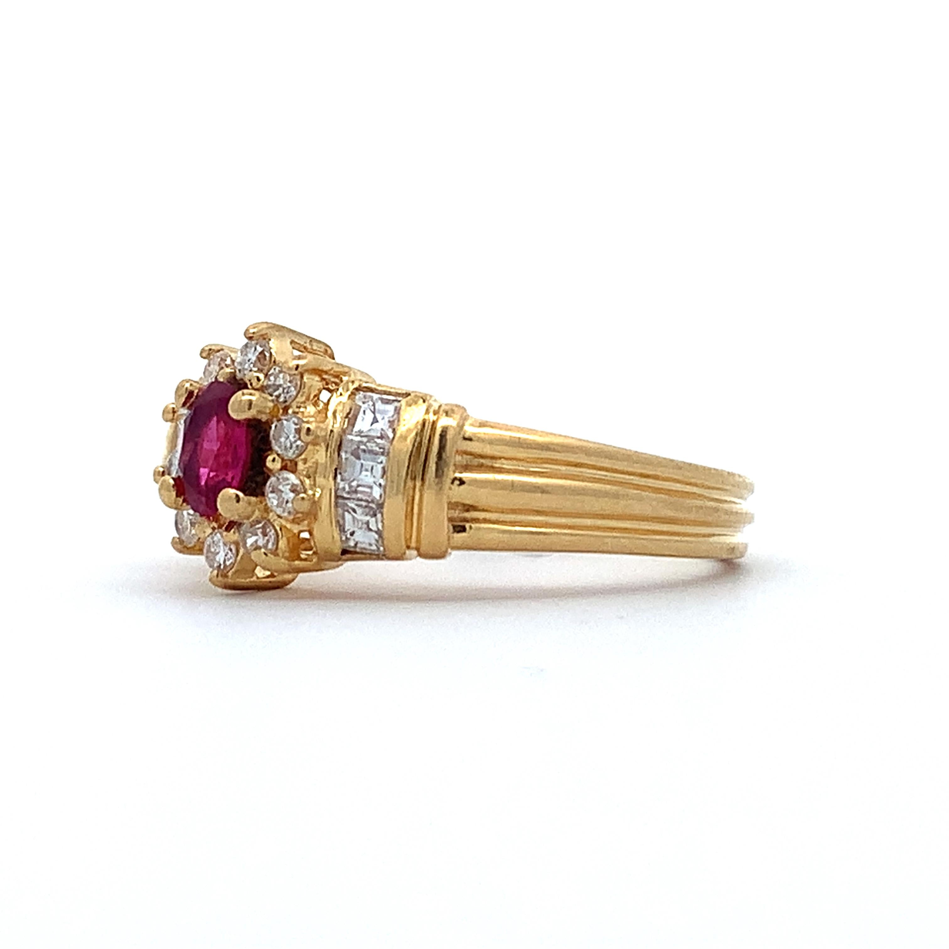 Vintage 18K Gold Oval Ruby With Round & Princess Diamond Halo Ribbed Shanks Ring