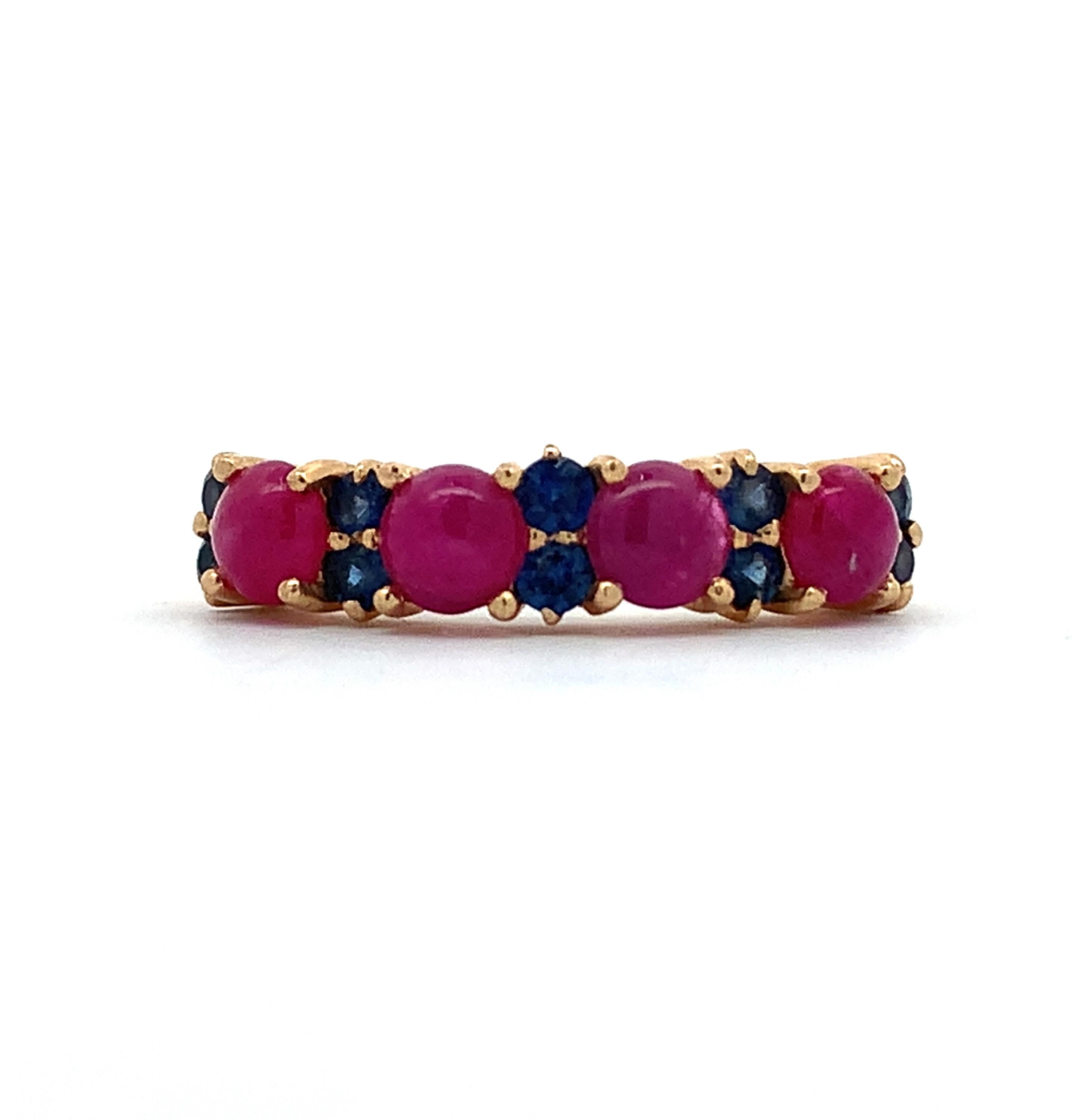 Vintage 14KYellow Gold Alternating Round Cabochon Ruby Round Blue Sapphire Band