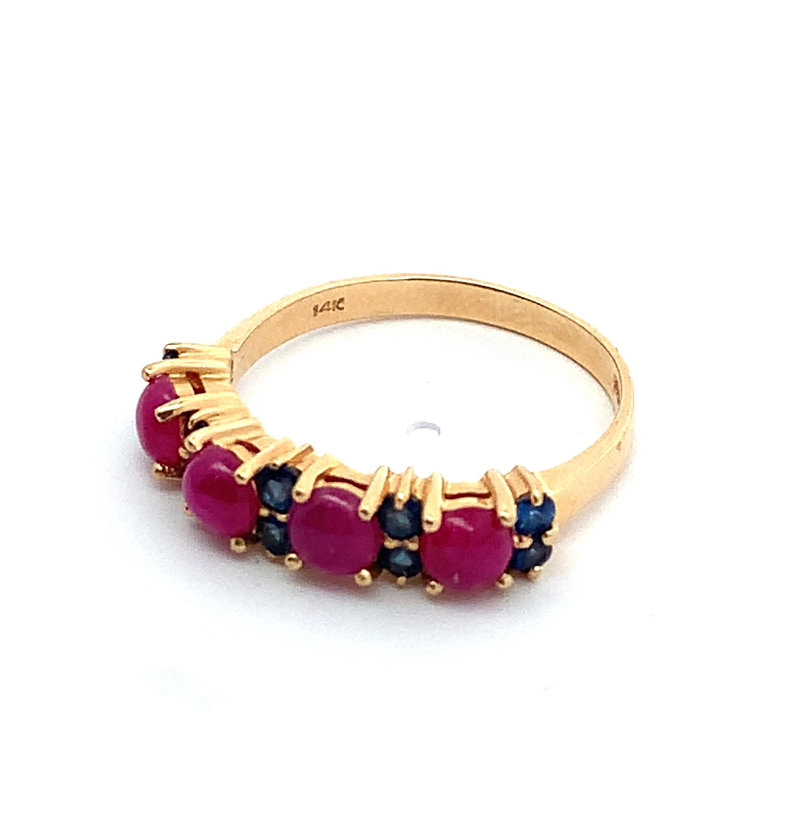 Vintage 14KYellow Gold Alternating Round Cabochon Ruby Round Blue Sapphire Band