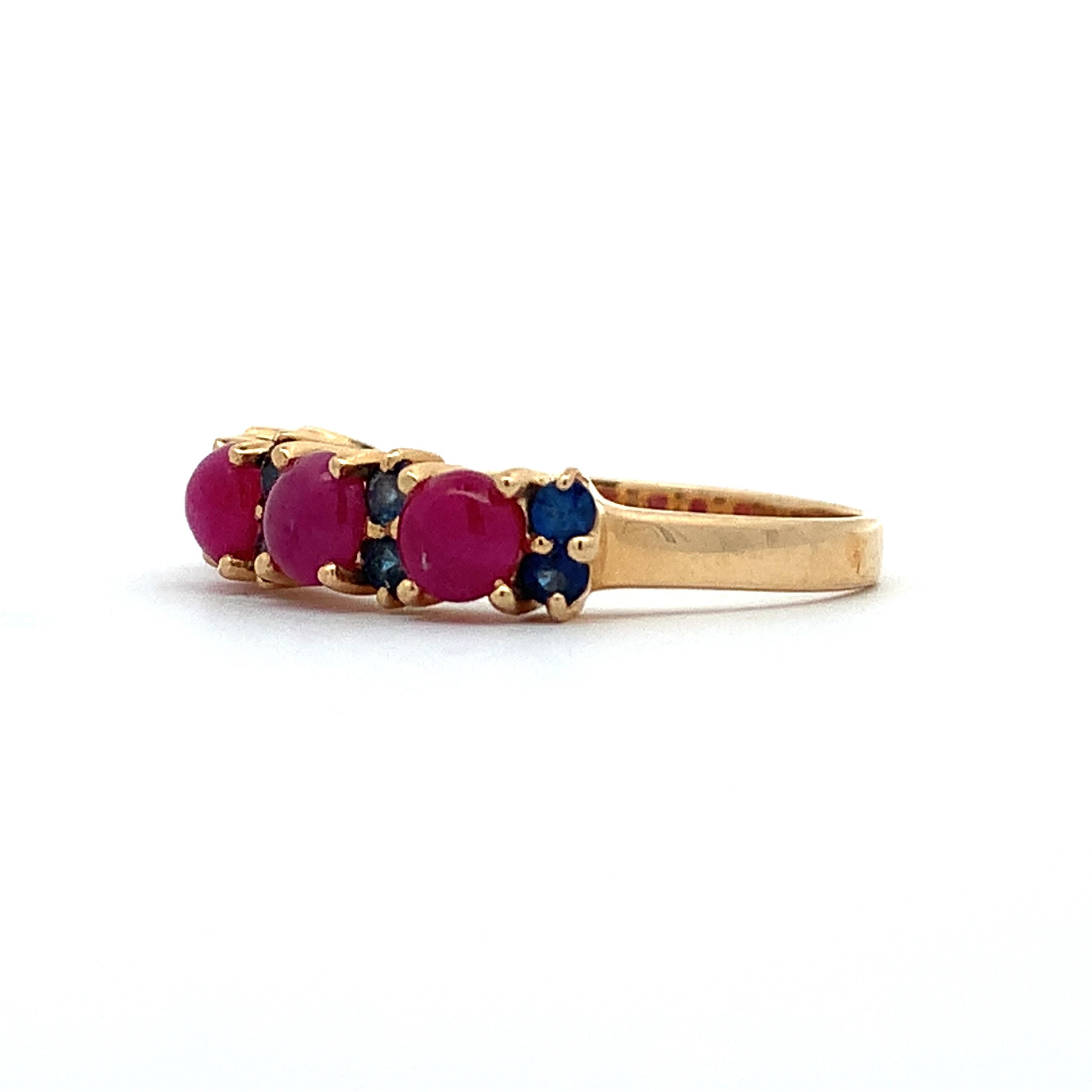 Vintage 14KYellow Gold Alternating Round Cabochon Ruby Round Blue Sapphire Band