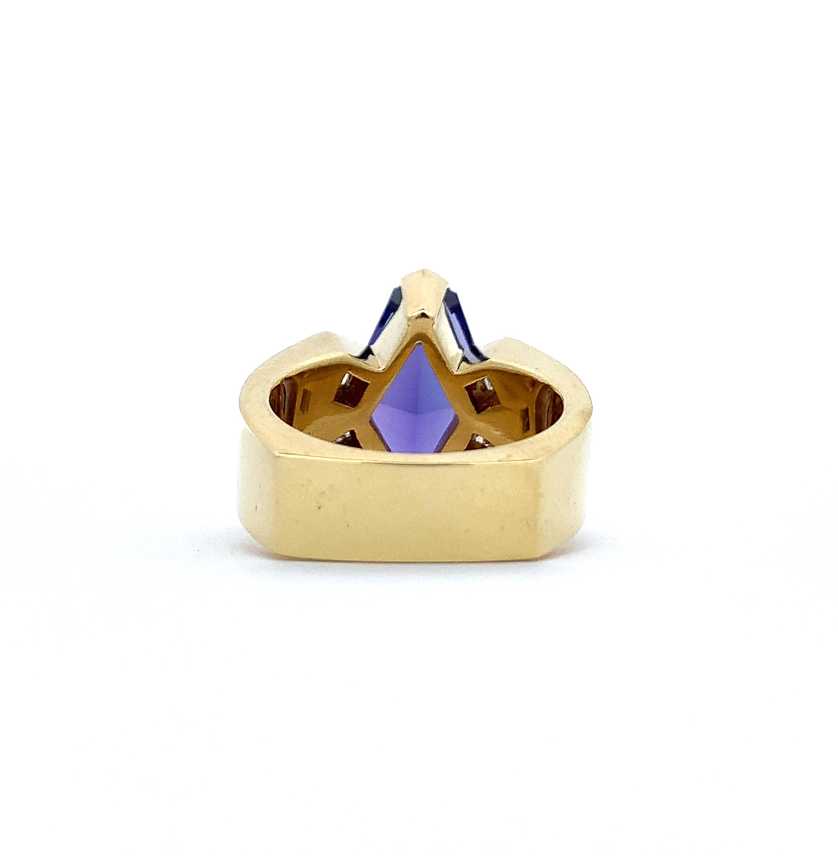 18K Y Gold Lozenge Cut Tanzanite & Princess Cut Diamond Euro Band Cocktail RIng