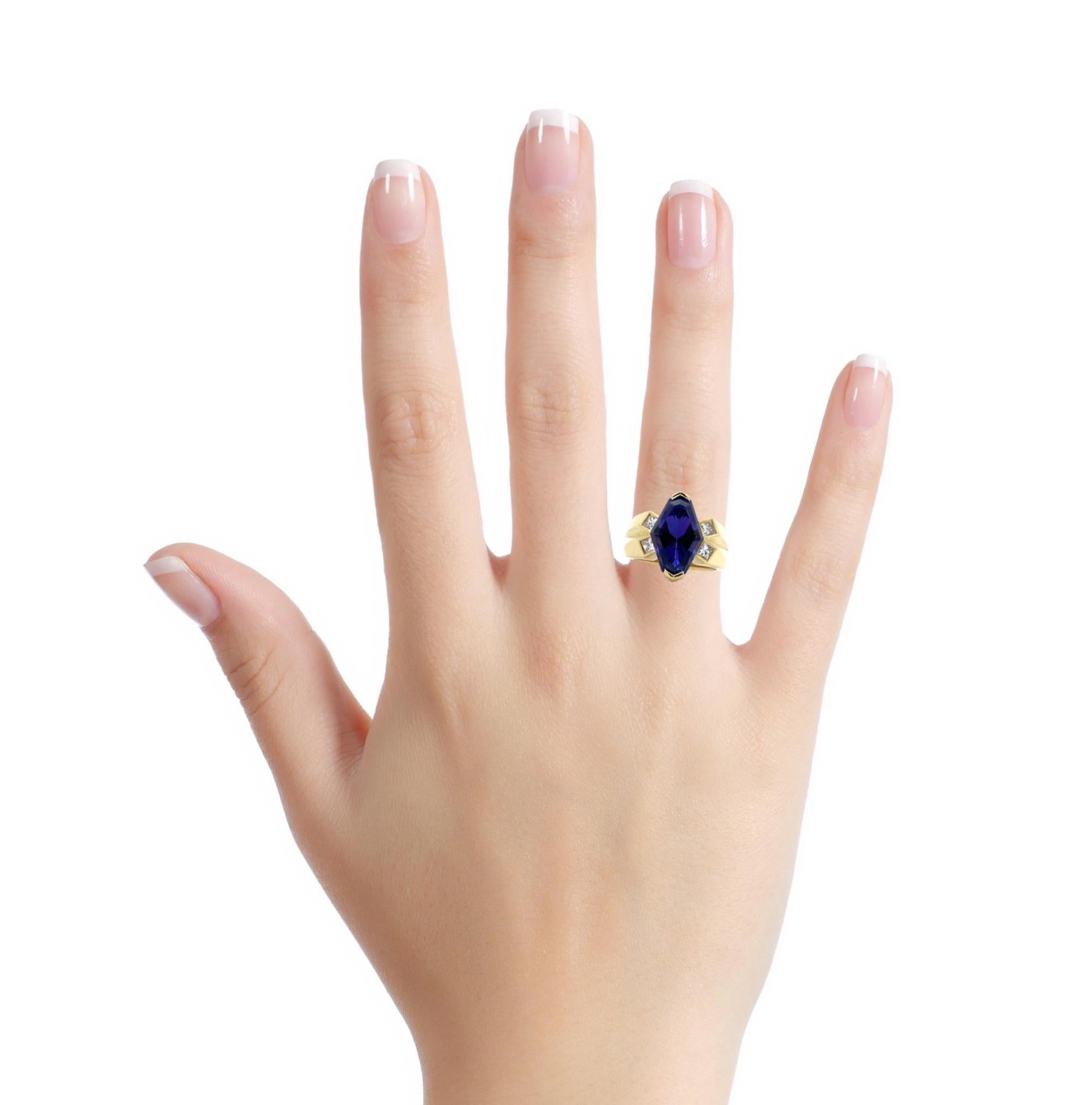 18K Y Gold Lozenge Cut Tanzanite & Princess Cut Diamond Euro Band Cocktail RIng