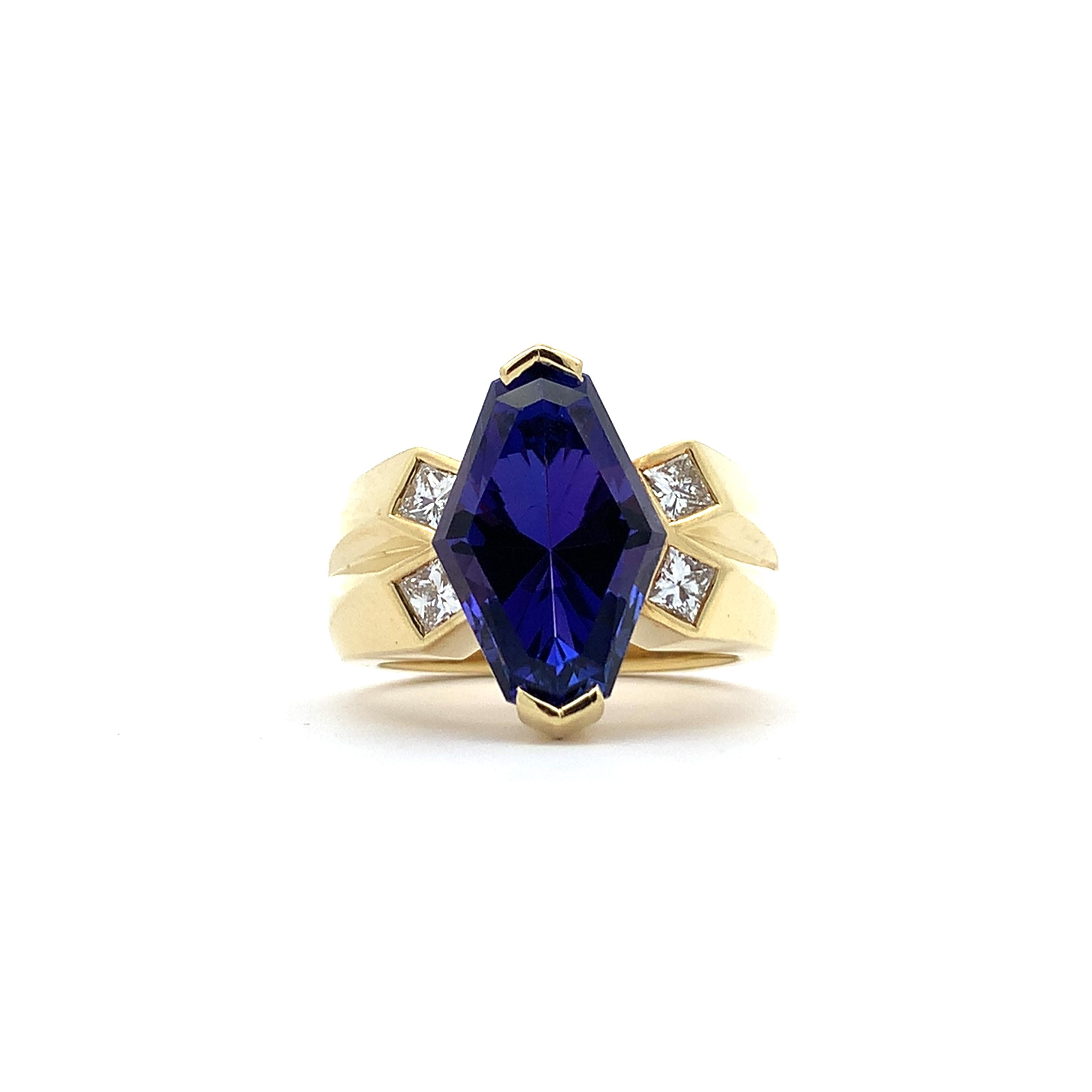 18K Y Gold Lozenge Cut Tanzanite & Princess Cut Diamond Euro Band Cocktail RIng