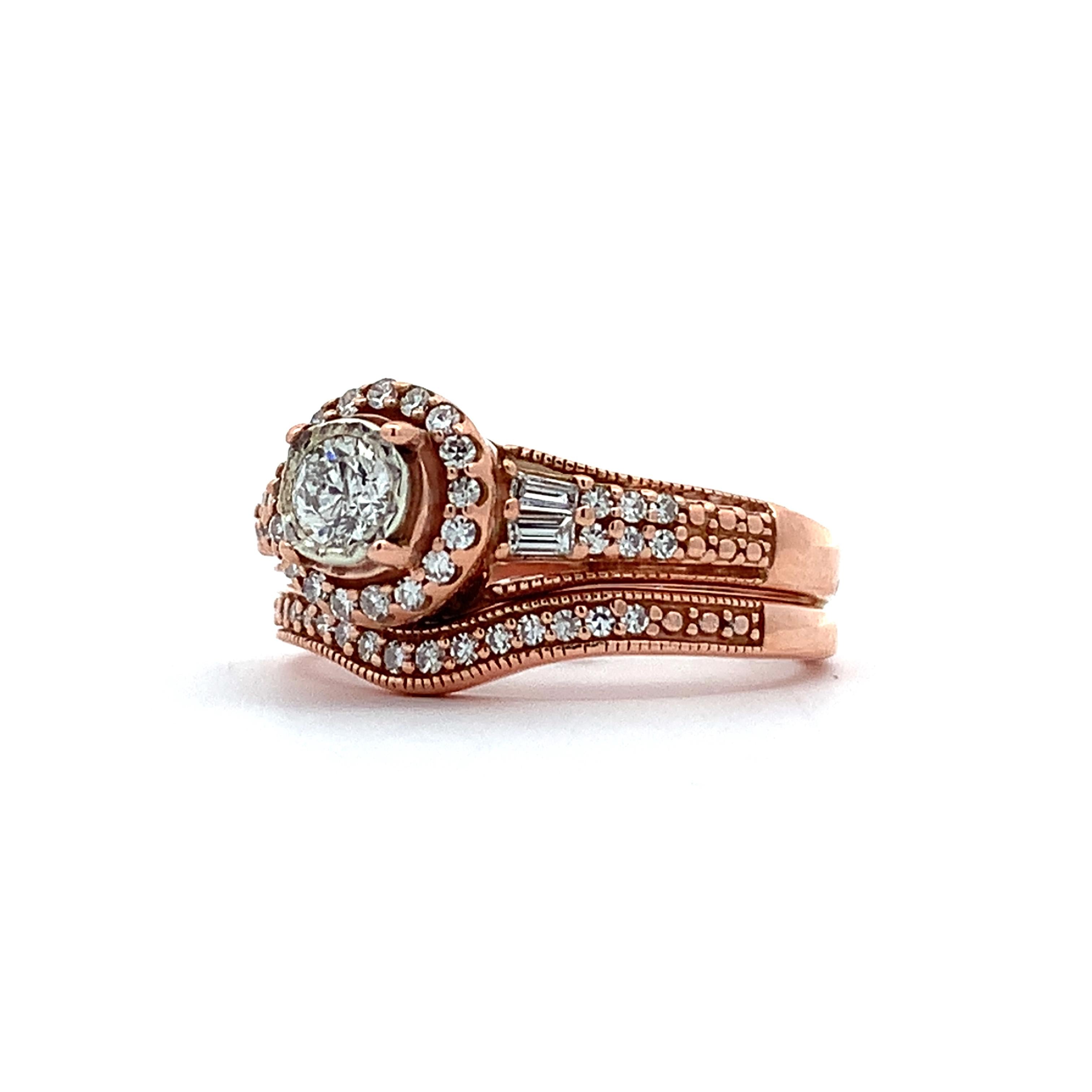 14K Rose Gold Round W/ Baguette & Round Diamond Halo Soldered Wedding Rings