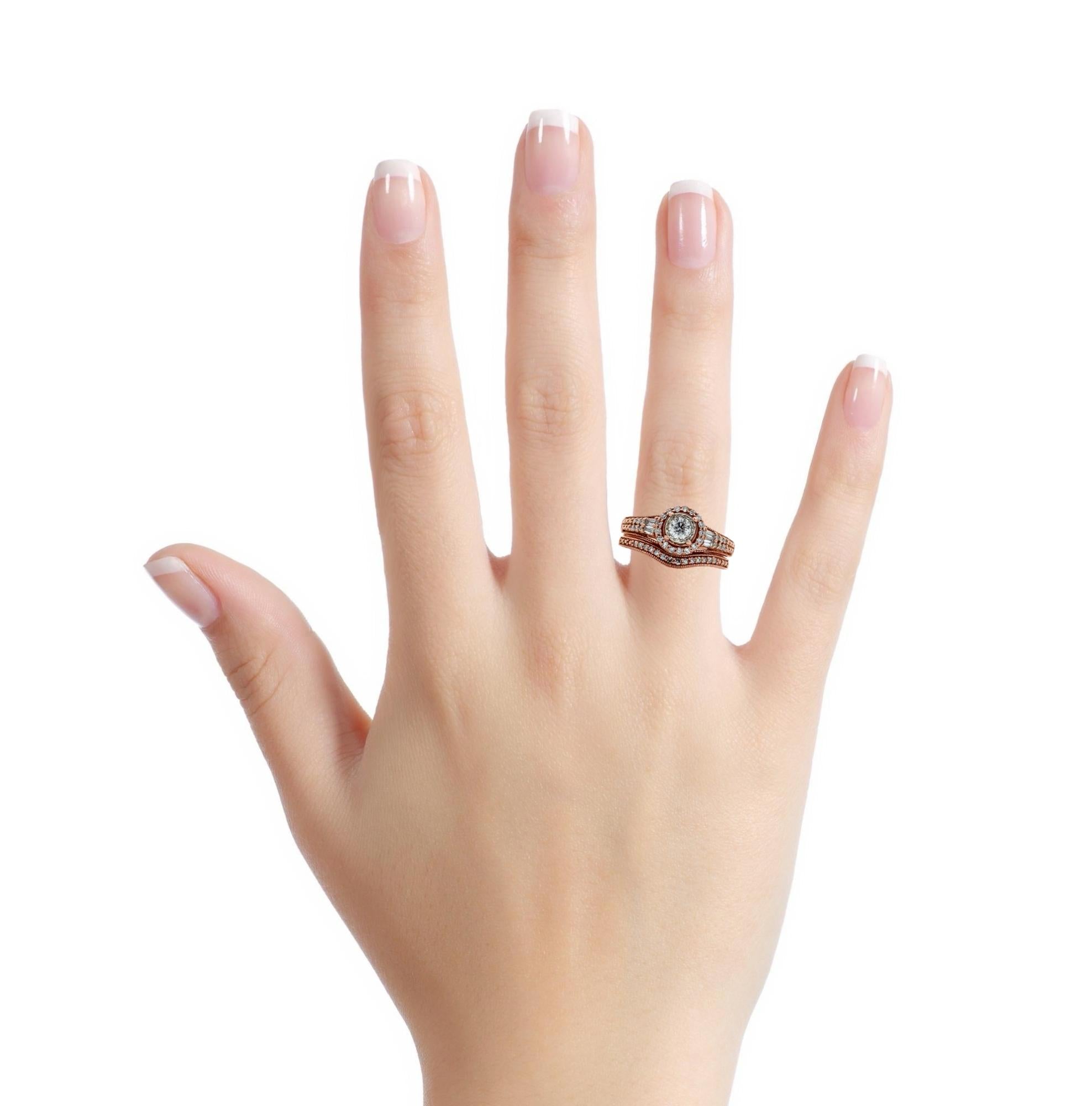 14K Rose Gold Round W/ Baguette & Round Diamond Halo Soldered Wedding Rings