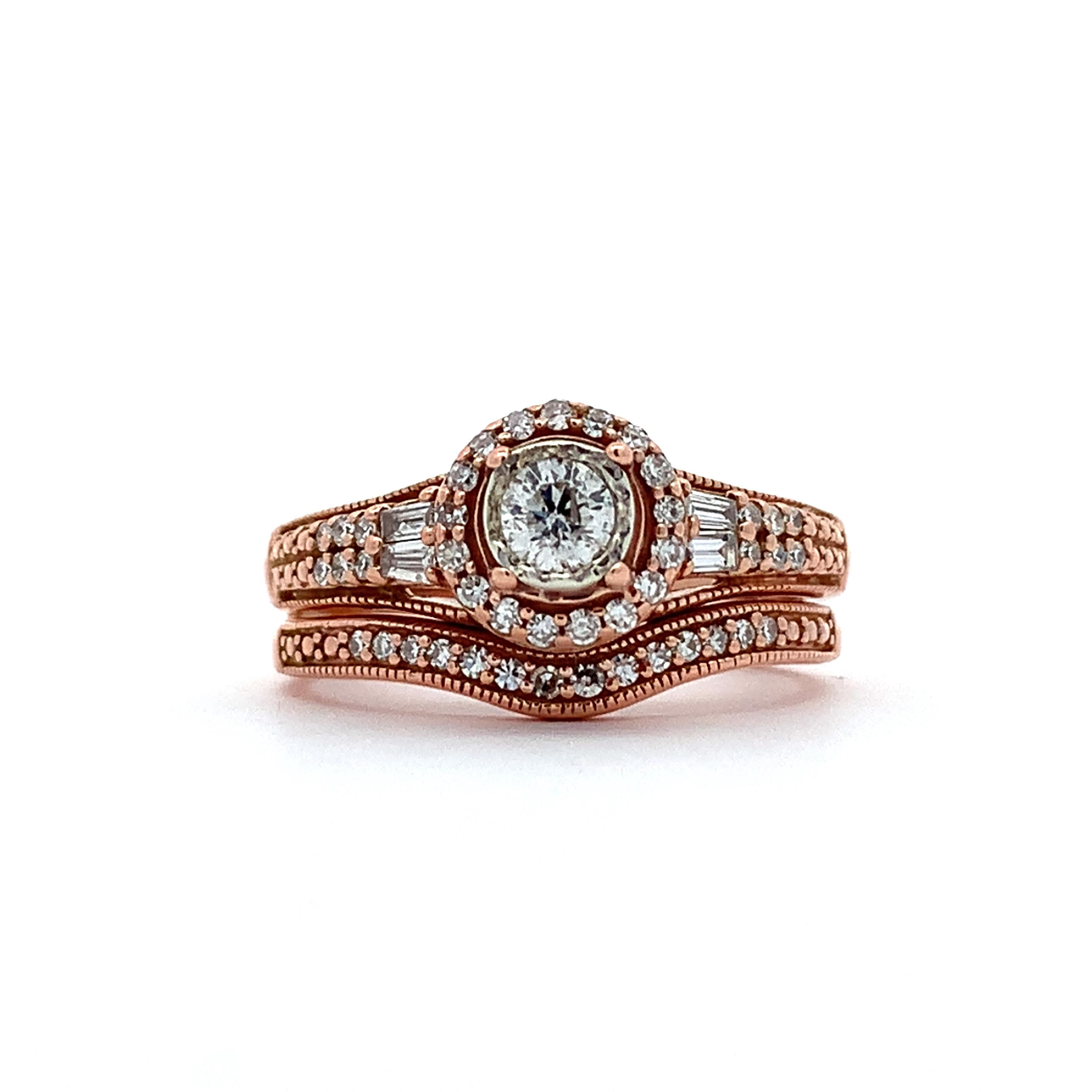 14K Rose Gold Round W/ Baguette & Round Diamond Halo Soldered Wedding Rings