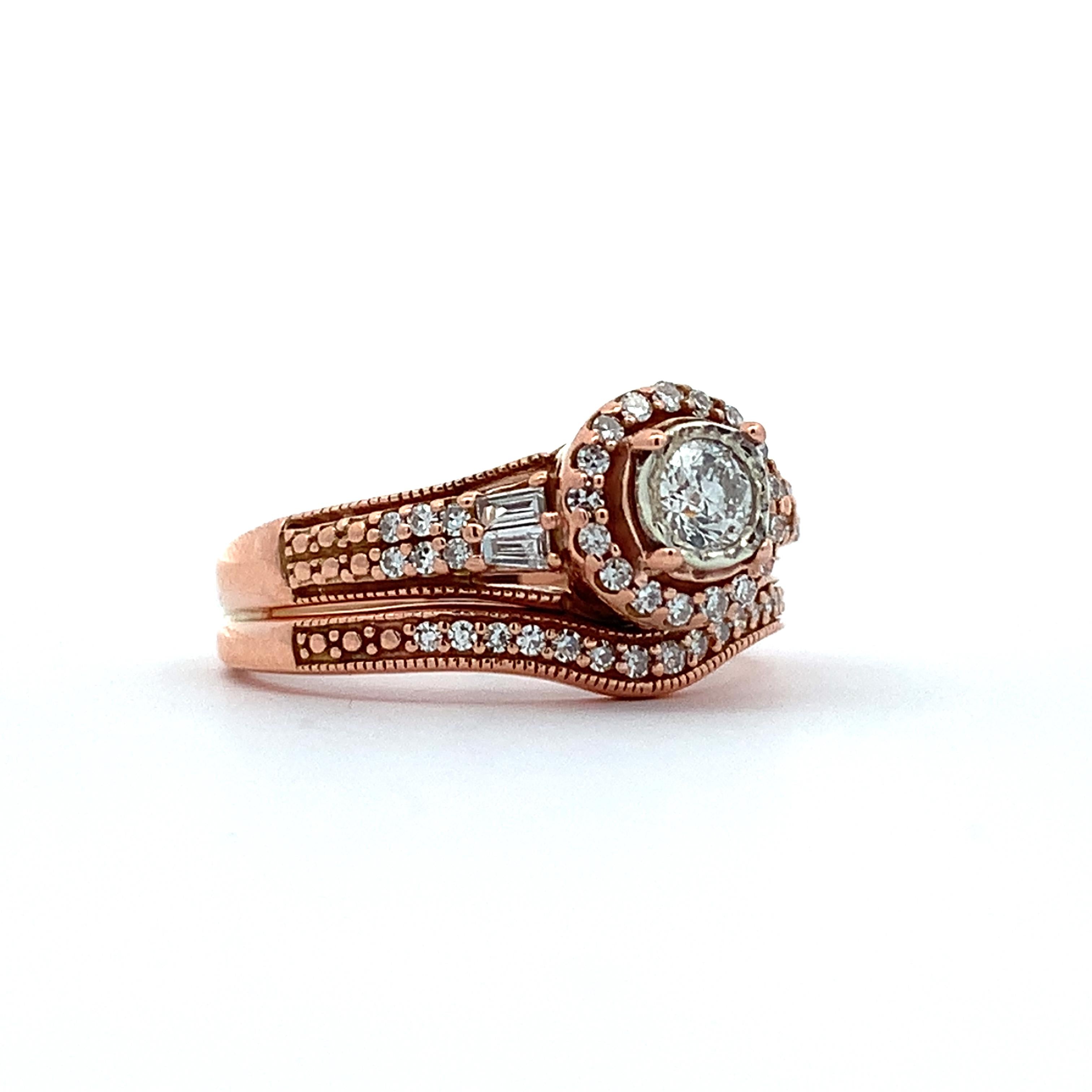 14K Rose Gold Round W/ Baguette & Round Diamond Halo Soldered Wedding Rings