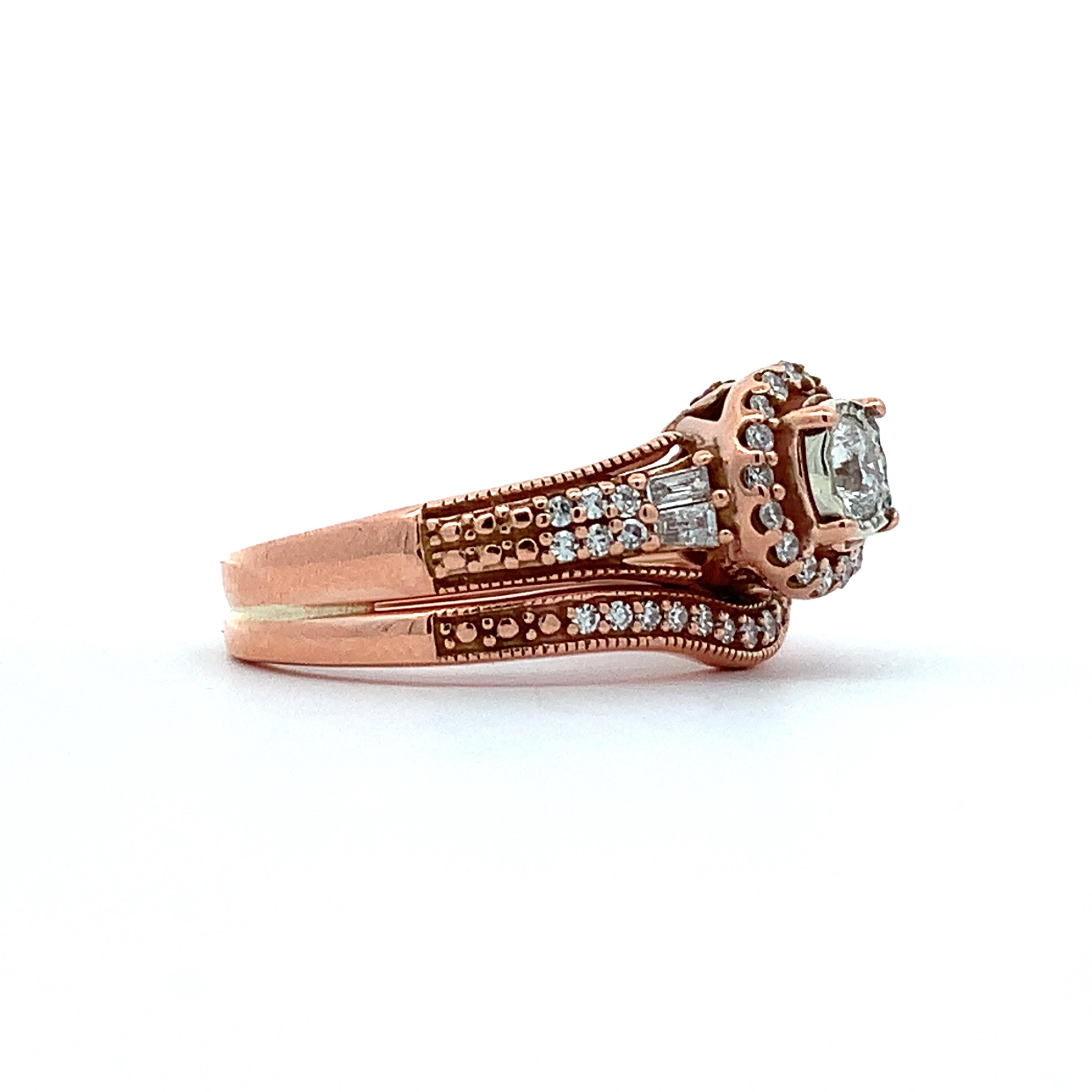 14K Rose Gold Round W/ Baguette & Round Diamond Halo Soldered Wedding Rings