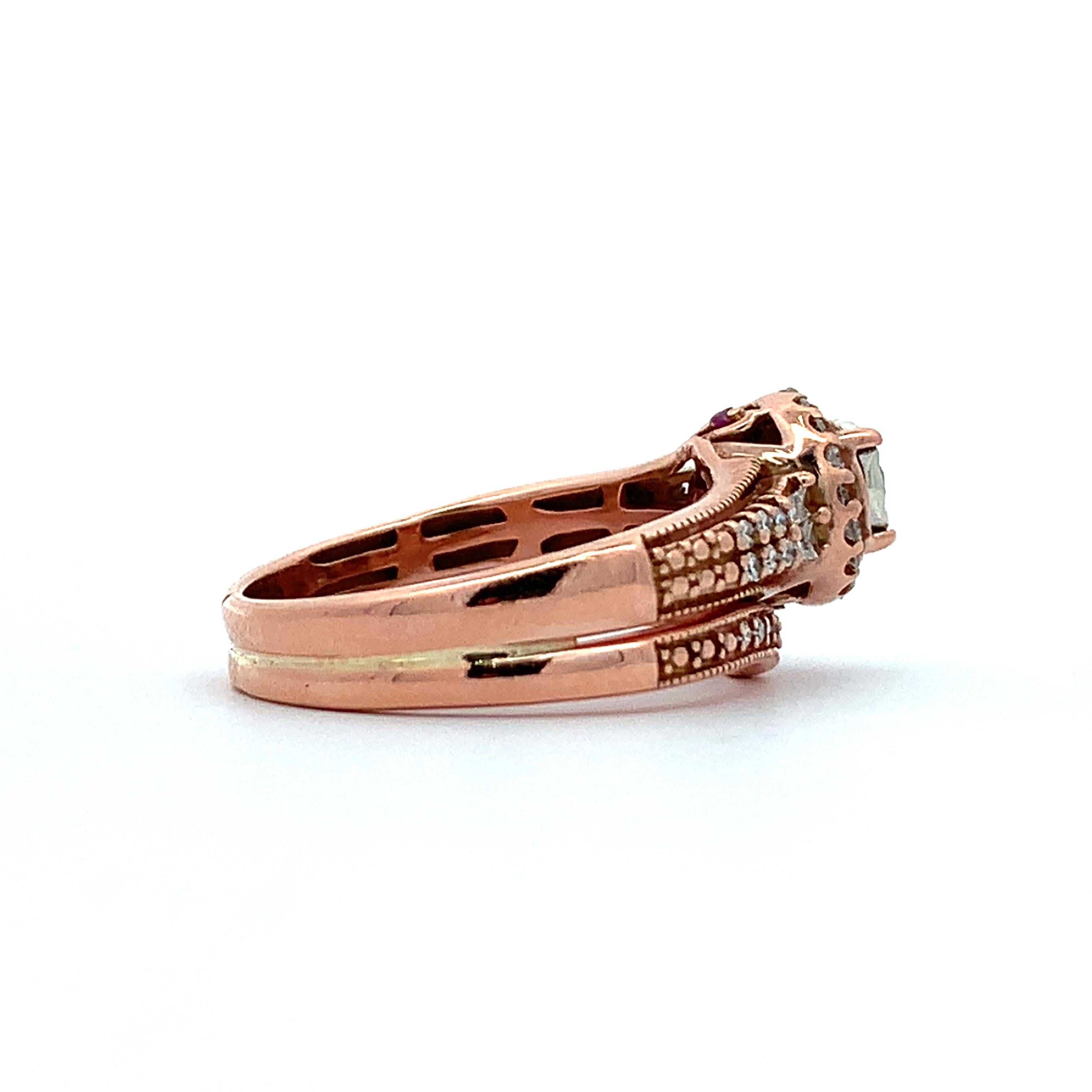 14K Rose Gold Round W/ Baguette & Round Diamond Halo Soldered Wedding Rings