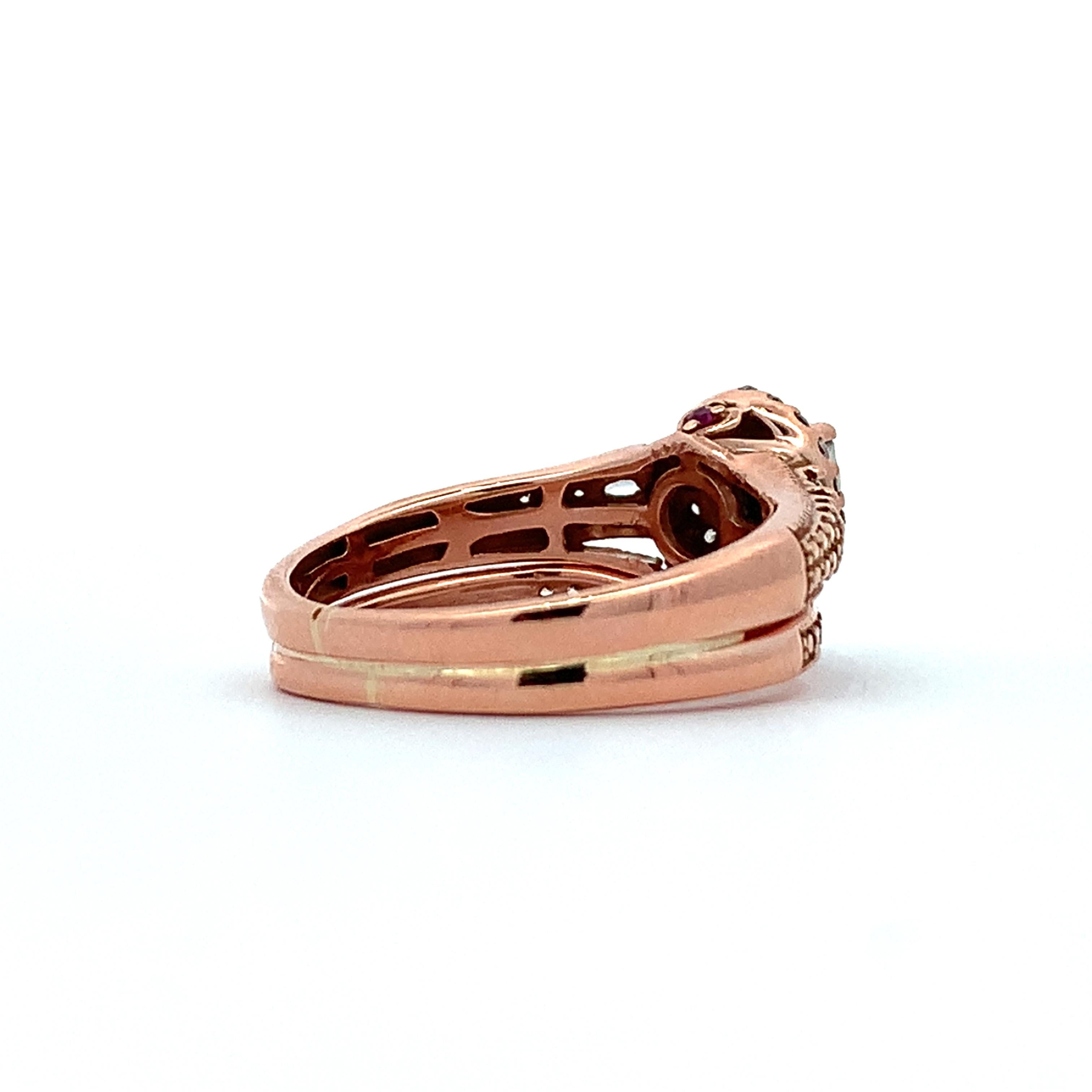 14K Rose Gold Round W/ Baguette & Round Diamond Halo Soldered Wedding Rings