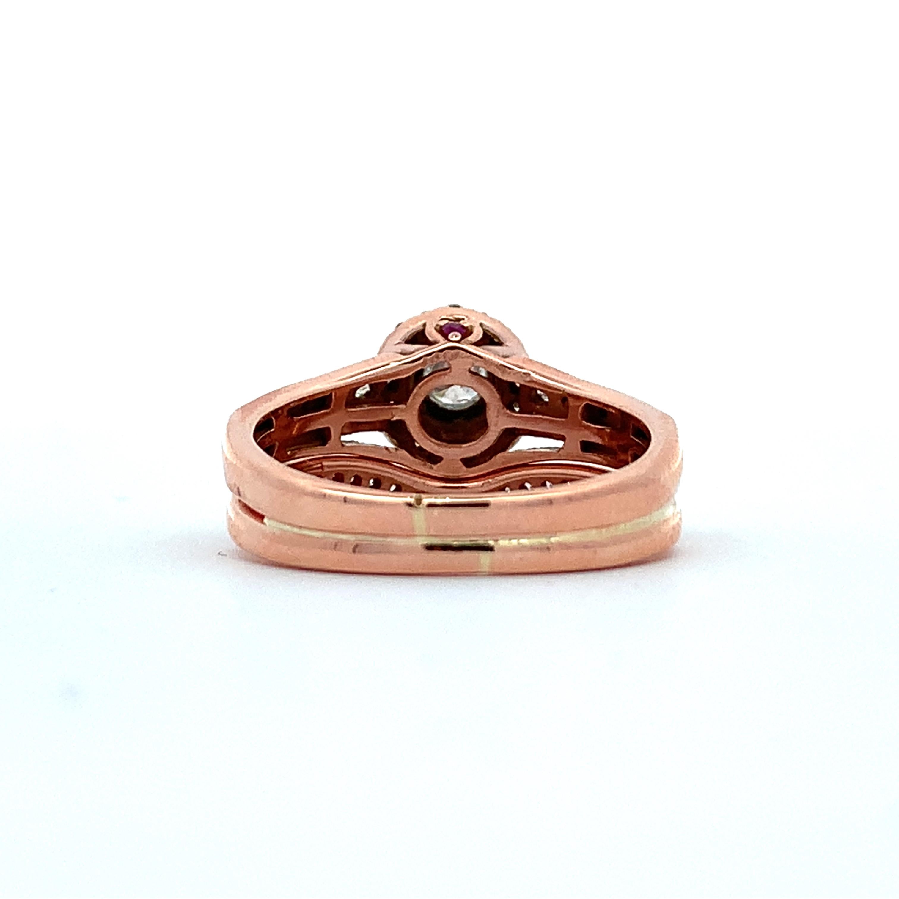 14K Rose Gold Round W/ Baguette & Round Diamond Halo Soldered Wedding Rings