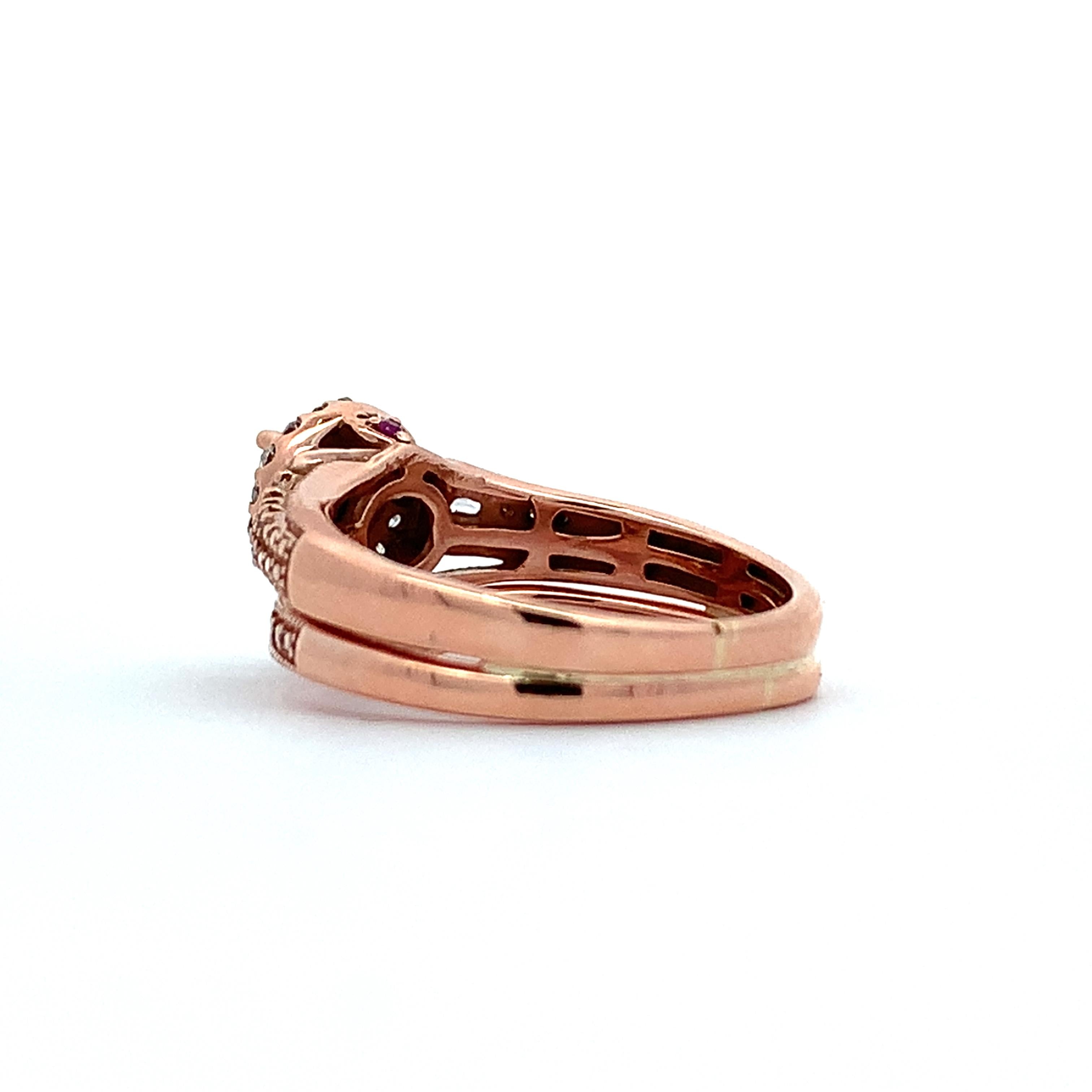 14K Rose Gold Round W/ Baguette & Round Diamond Halo Soldered Wedding Rings