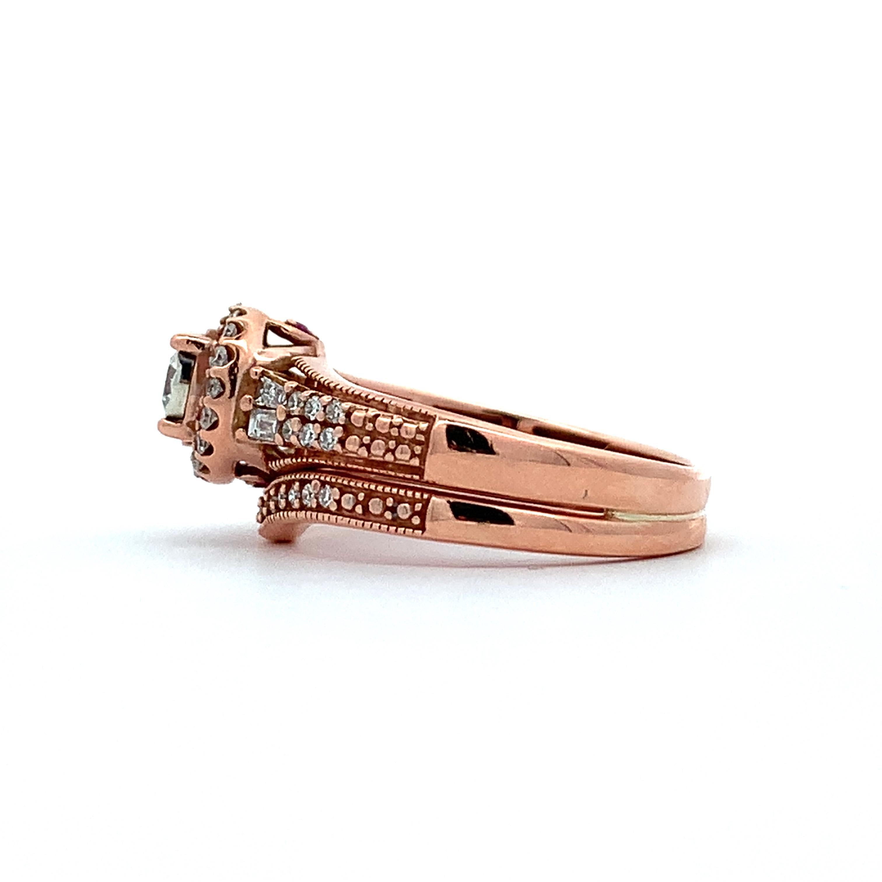 14K Rose Gold Round W/ Baguette & Round Diamond Halo Soldered Wedding Rings