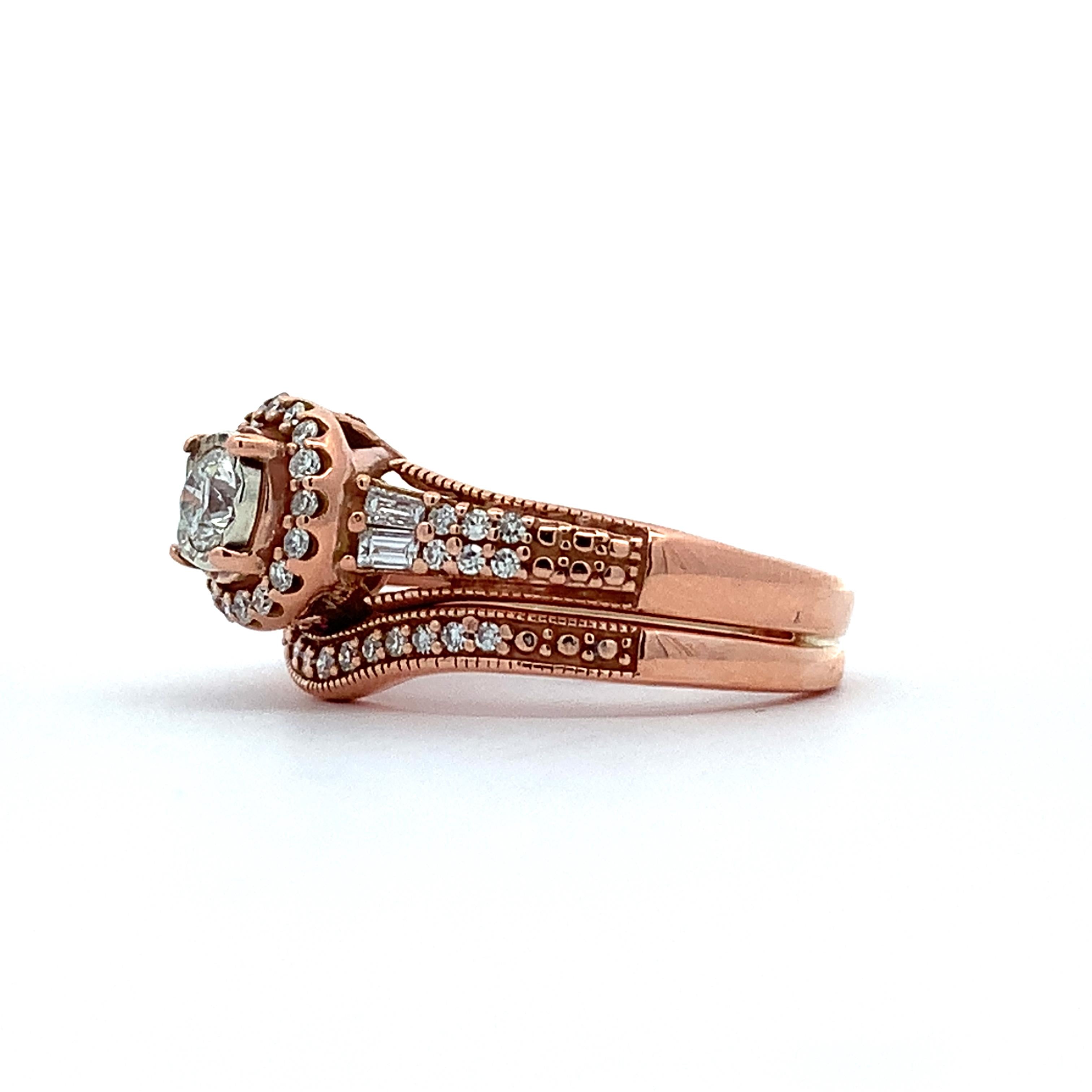 14K Rose Gold Round W/ Baguette & Round Diamond Halo Soldered Wedding Rings