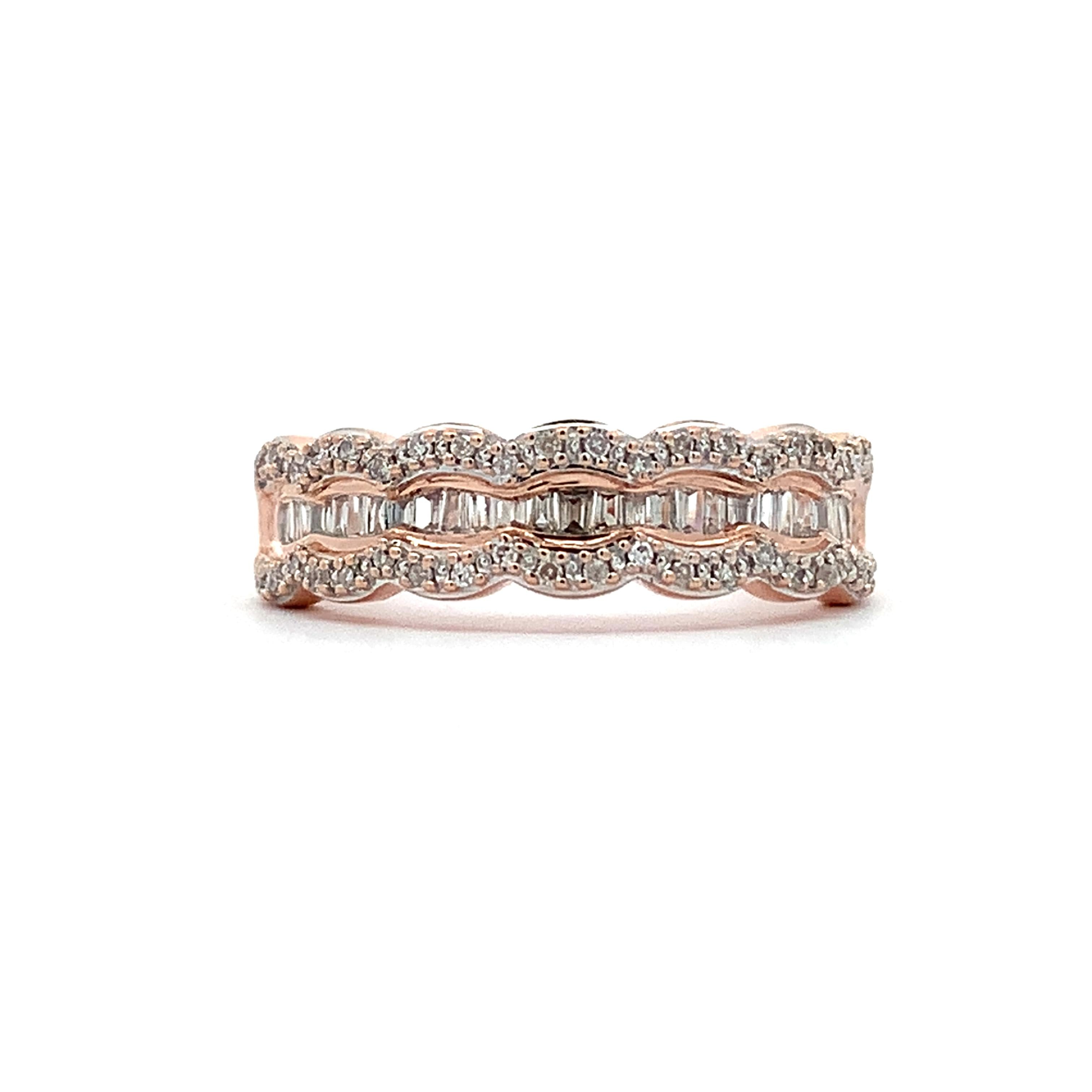 10K Rose Gold Baguette And Round Cut White Waterfall Diamond Band Ring Size 5.5