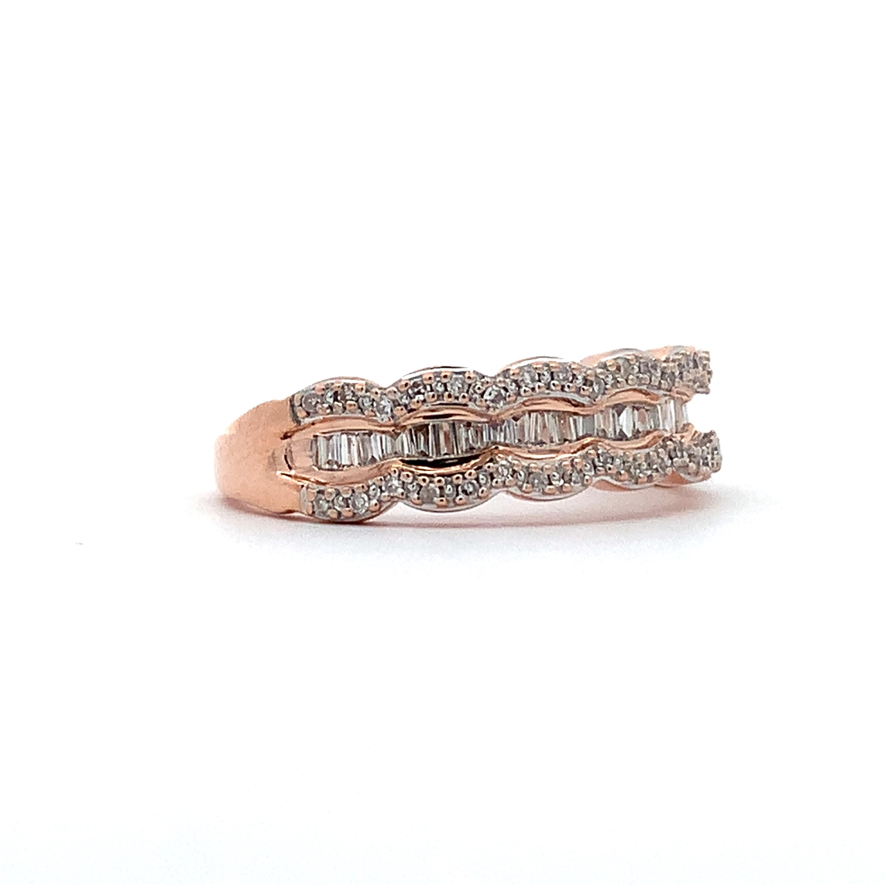 10K Rose Gold Baguette And Round Cut White Waterfall Diamond Band Ring Size 5.5