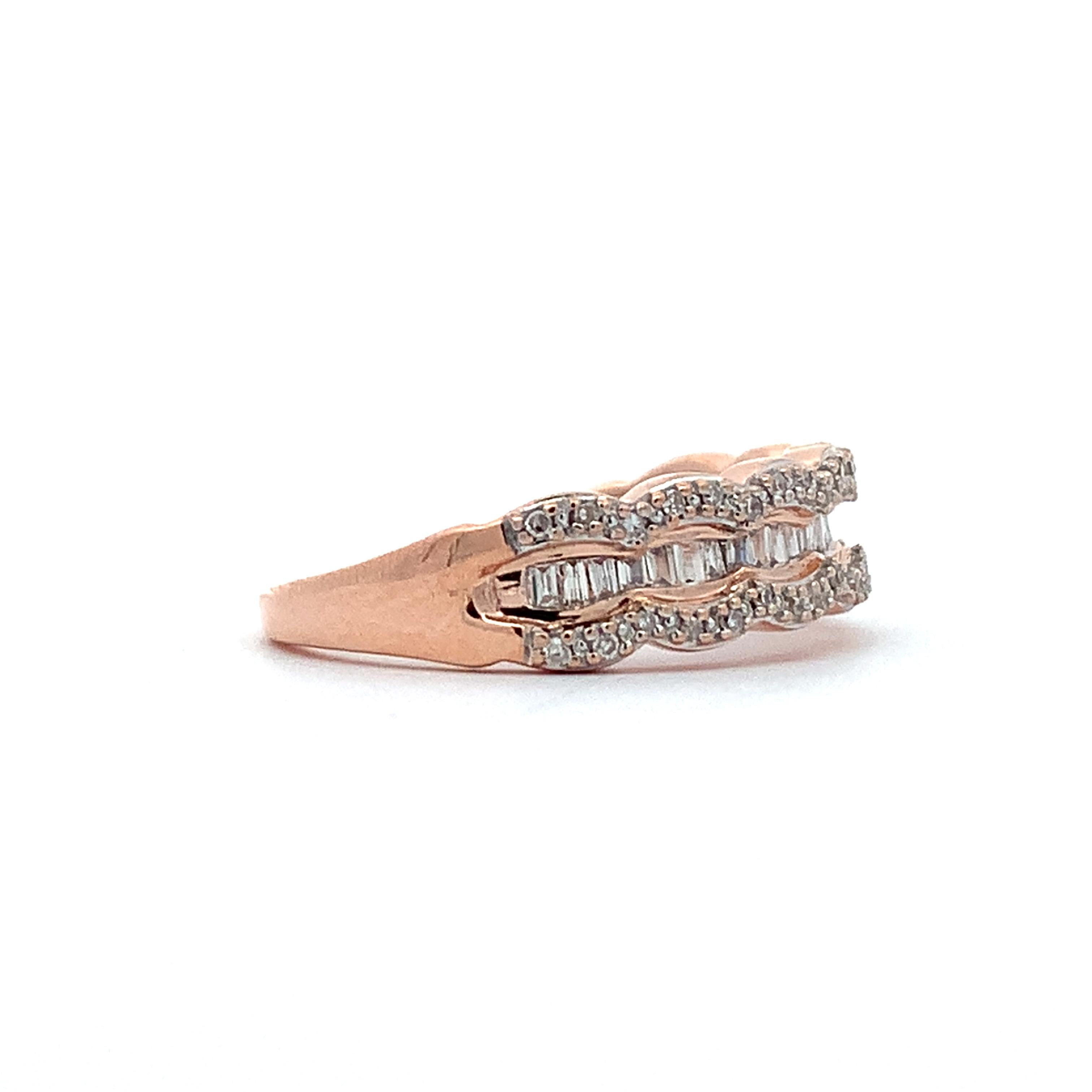 10K Rose Gold Baguette And Round Cut White Waterfall Diamond Band Ring Size 5.5