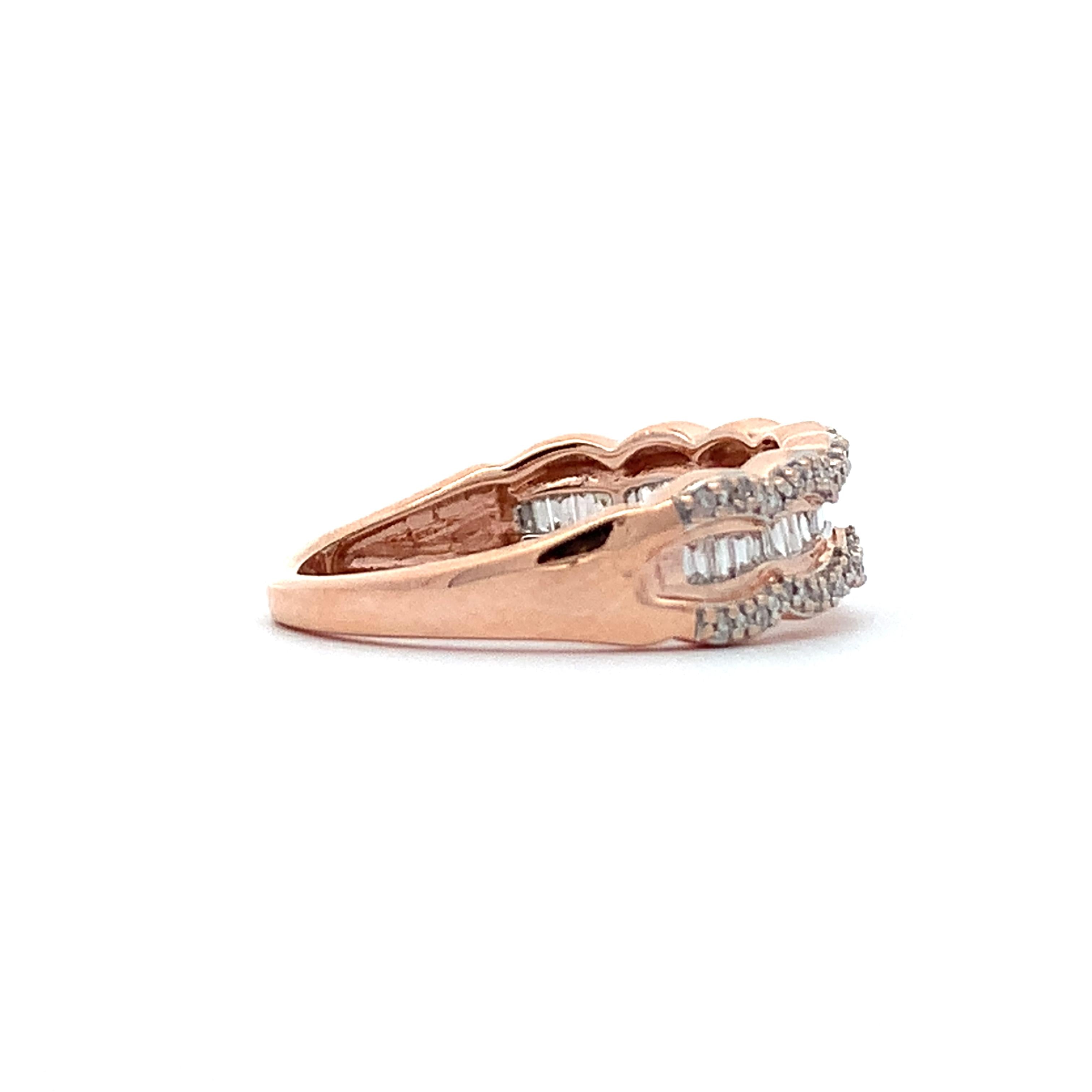 10K Rose Gold Baguette And Round Cut White Waterfall Diamond Band Ring Size 5.5
