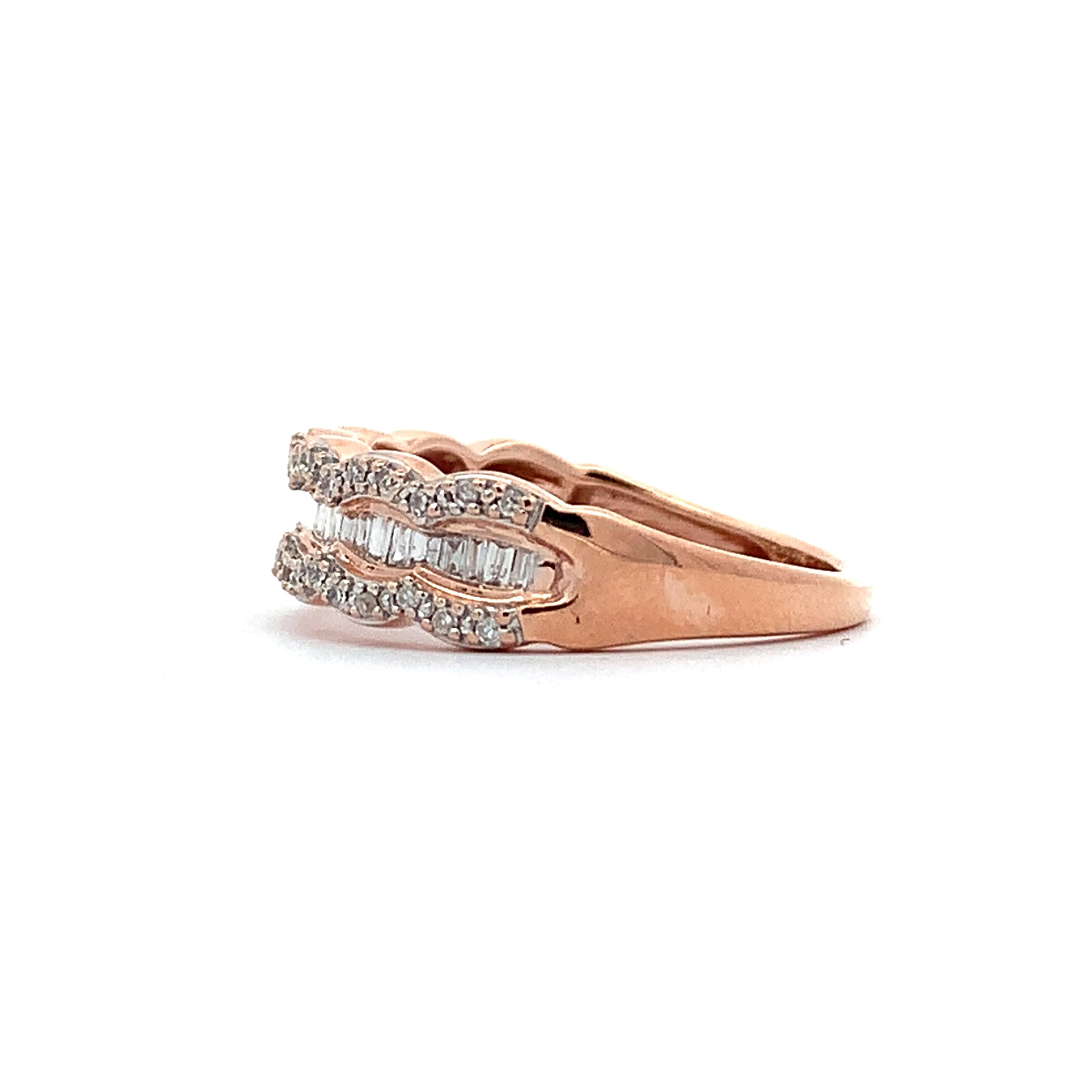 10K Rose Gold Baguette And Round Cut White Waterfall Diamond Band Ring Size 5.5