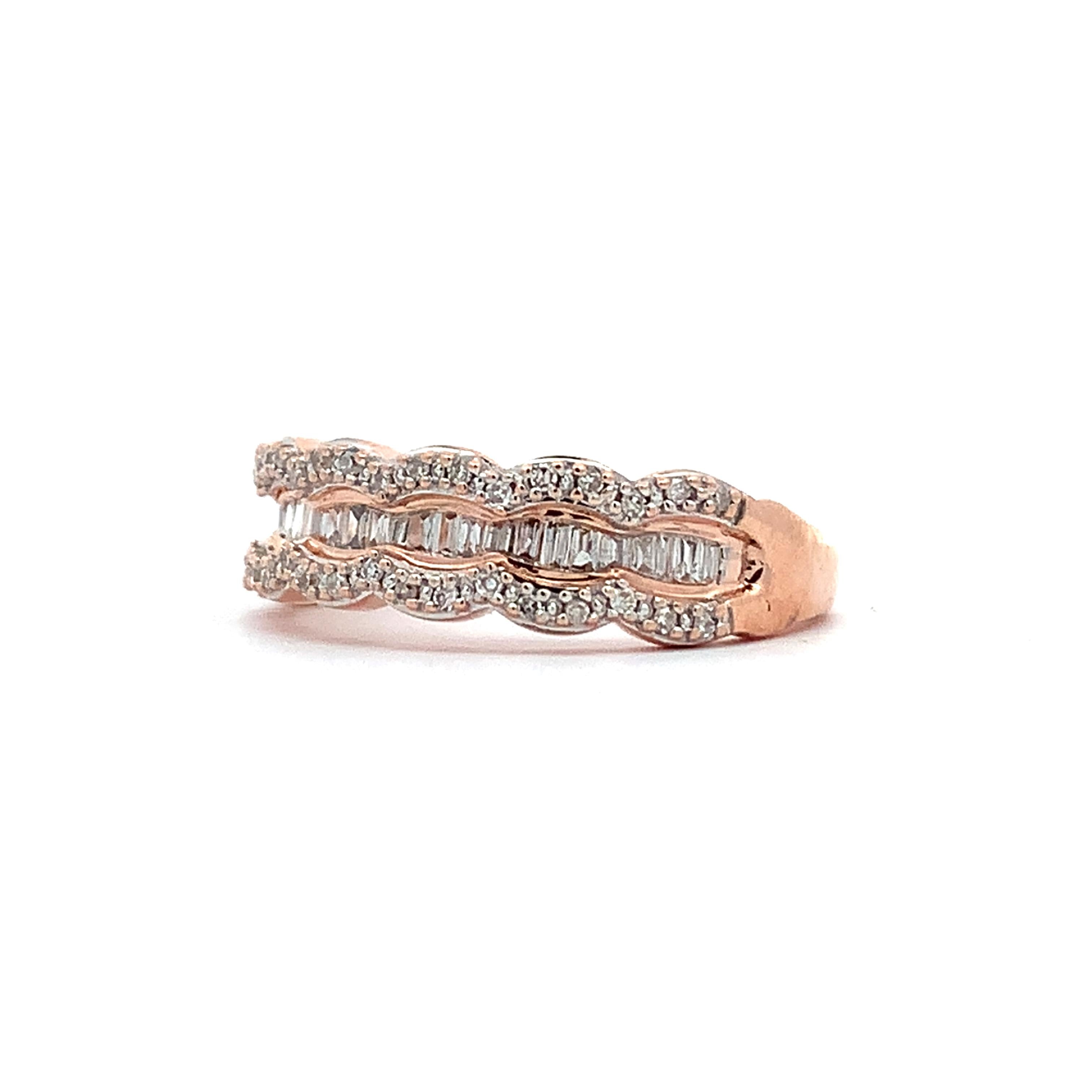 10K Rose Gold Baguette And Round Cut White Waterfall Diamond Band Ring Size 5.5