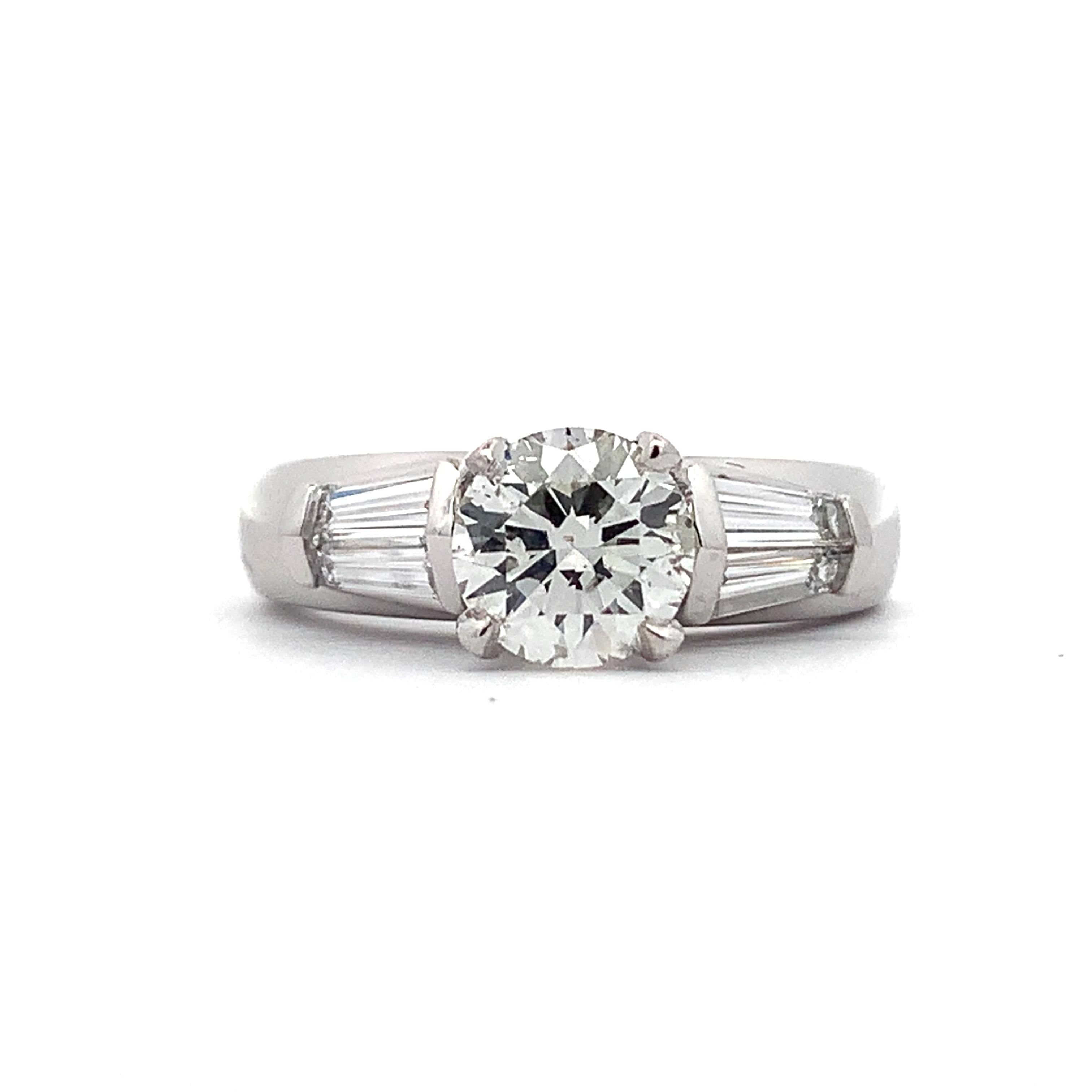 Platinum 1.15CT Round Diamond W/ Tapered Baguette Diamond 3 Stone Ring Size 6