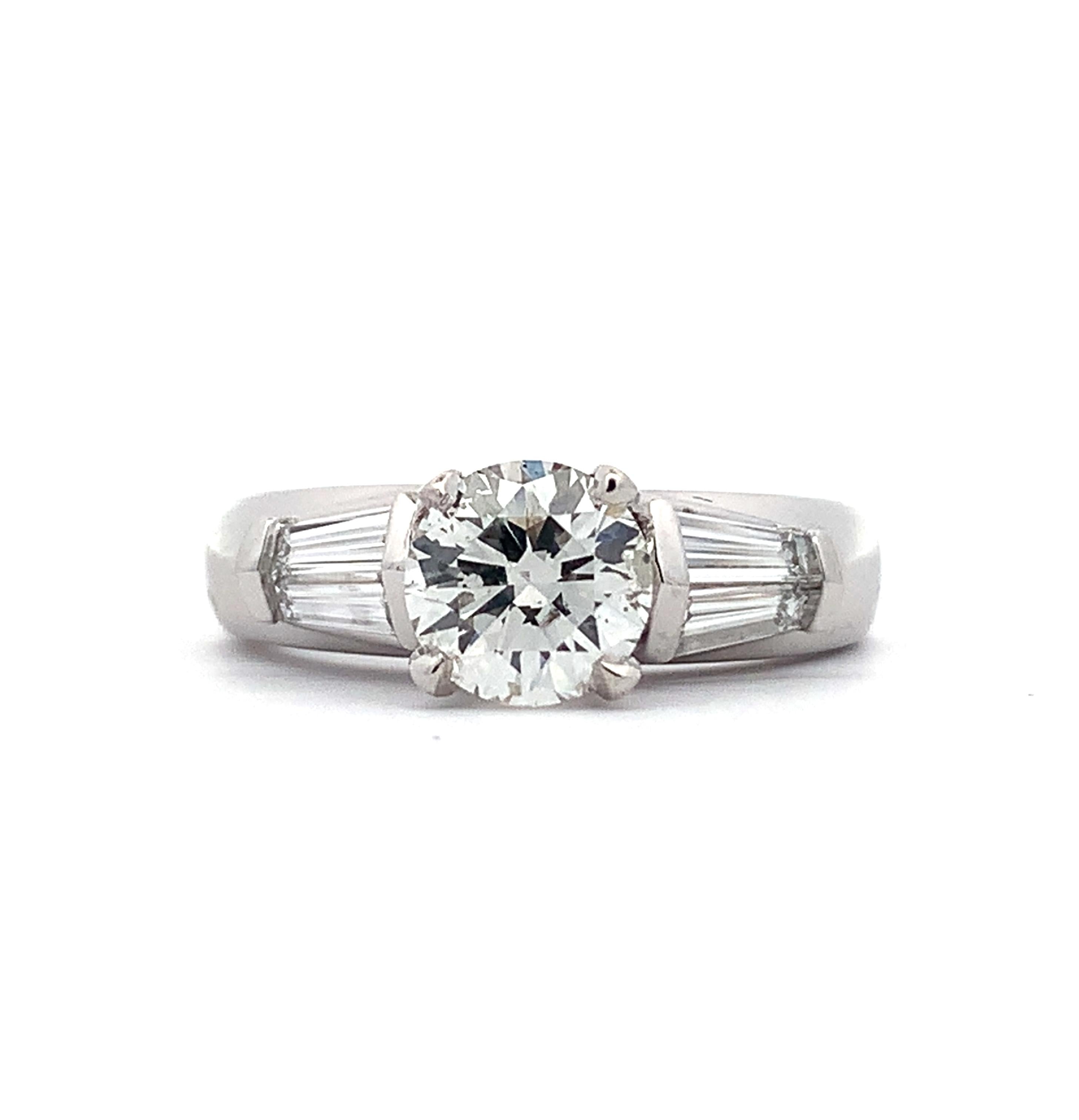 Platinum 1.15CT Round Diamond W/ Tapered Baguette Diamond 3 Stone Ring Size 6