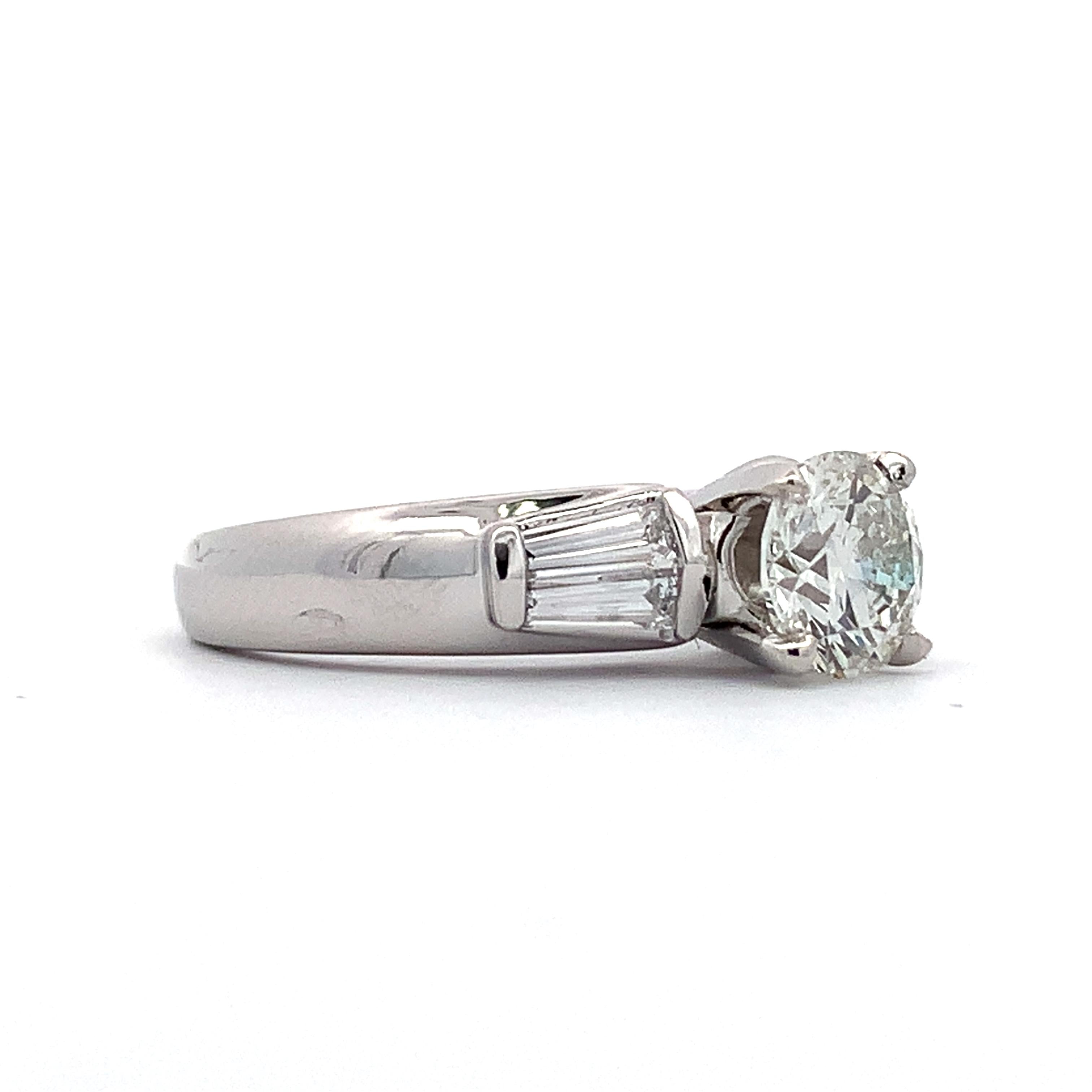 Platinum 1.15CT Round Diamond W/ Tapered Baguette Diamond 3 Stone Ring Size 6