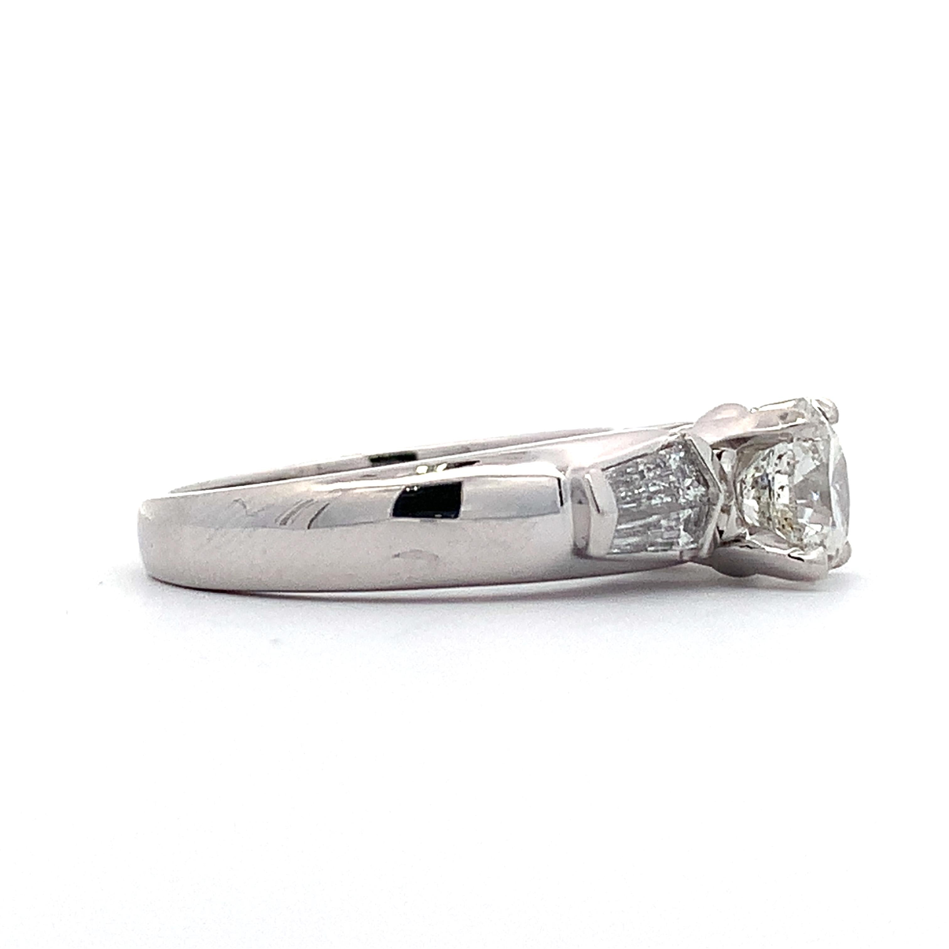 Platinum 1.15CT Round Diamond W/ Tapered Baguette Diamond 3 Stone Ring Size 6