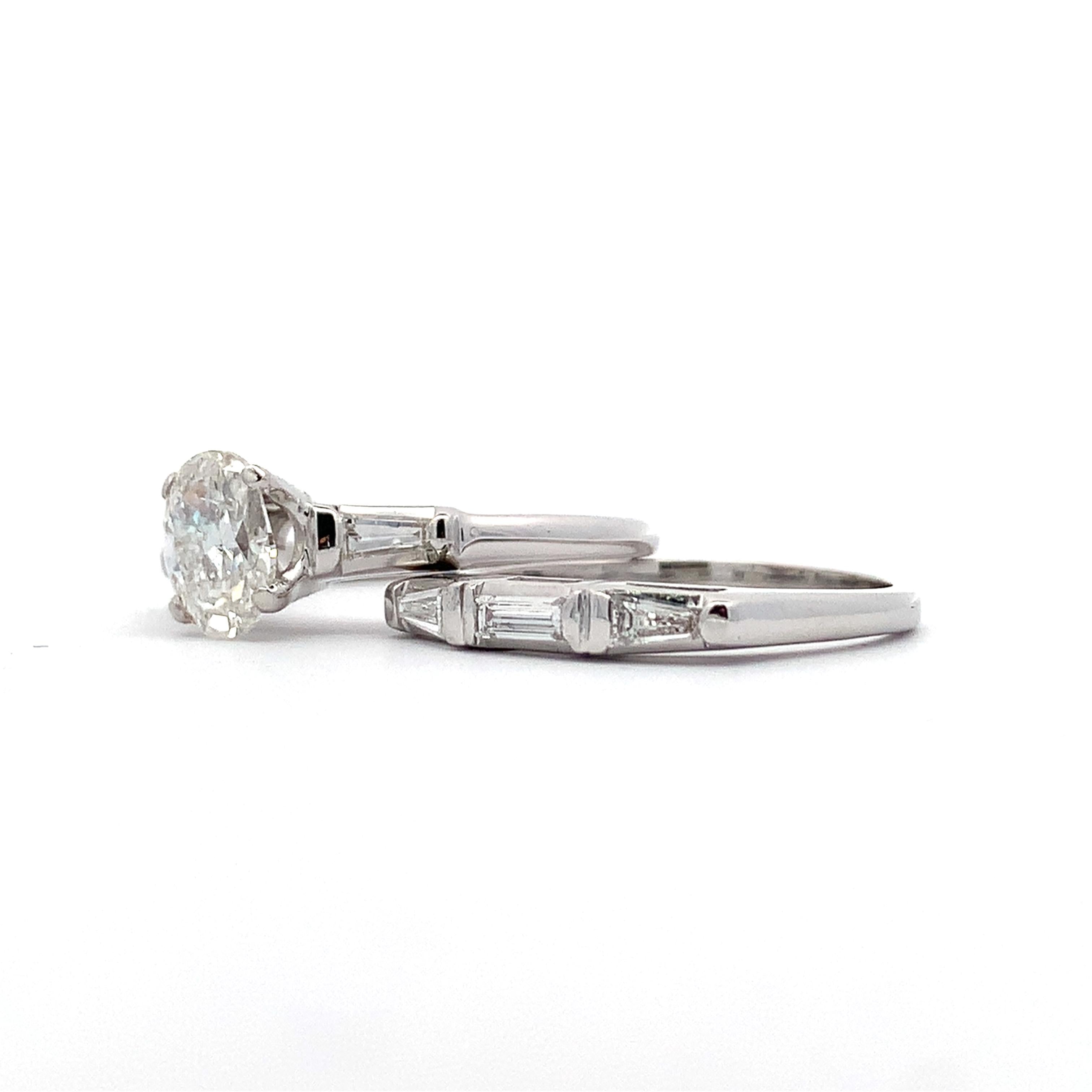 14K White Gold 1CT Oval Diamond With Tapered Baguette Matching Wedding Set Rings